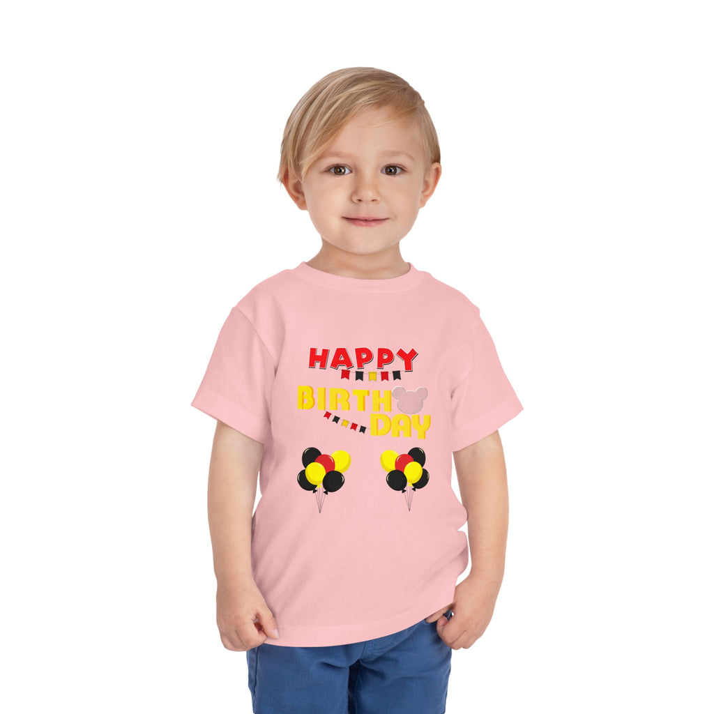 Toddler Tee — 'Happy Birthday' Balloon Party Shirt (Mickey-Style Colors)
