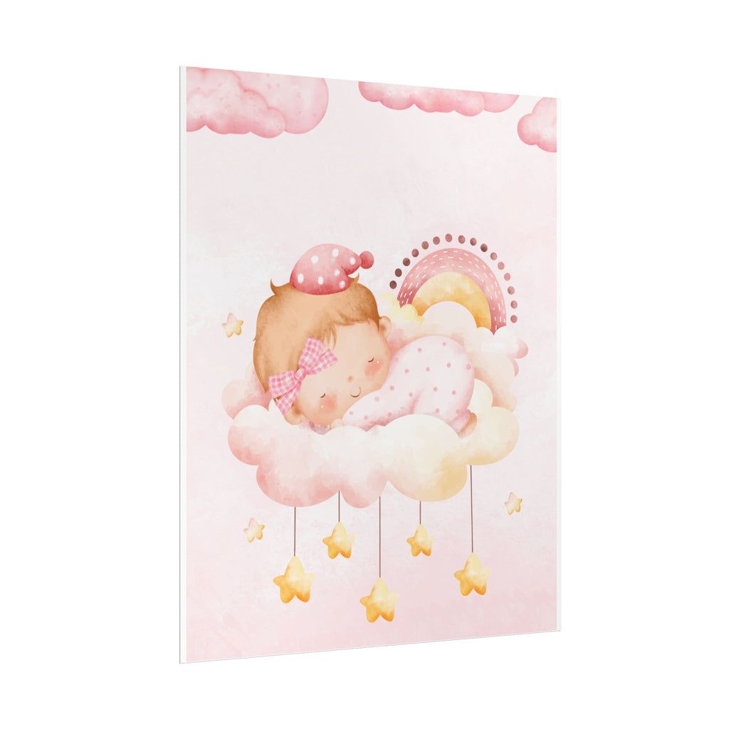 Baby Girl Nursery Poster – Sleeping Baby on Cloud Pink Wall Art