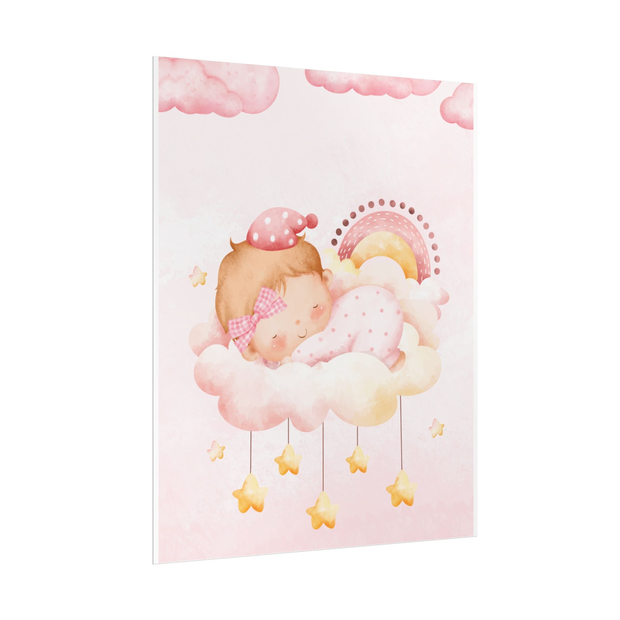 Baby Girl Nursery Poster – Sleeping Baby on Cloud Pink Wall Art