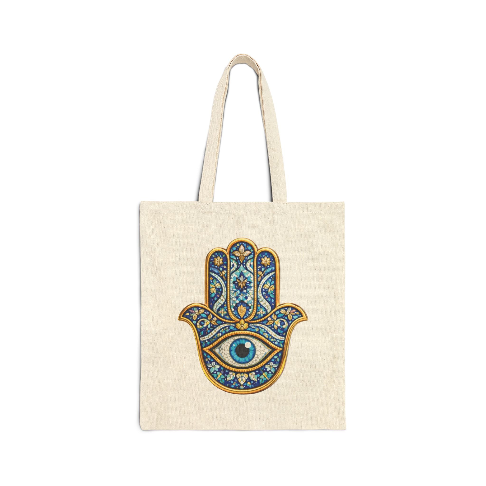 Hamsa Hand Tote Bag — Boho Evil Eye Cotton Canvas Shopper