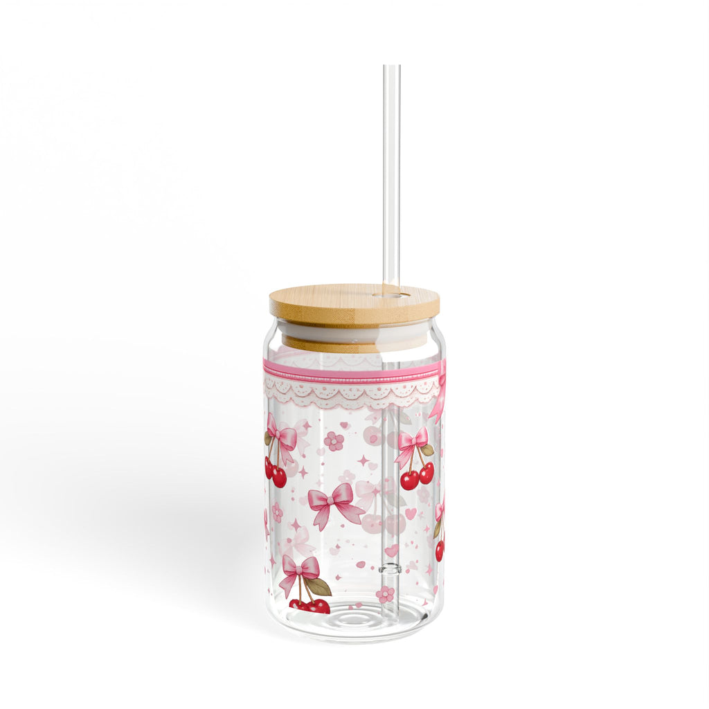 16oz Cherry Bow Sipper Glass - Cute Pink Ribbon Mason Tumbler with Straw