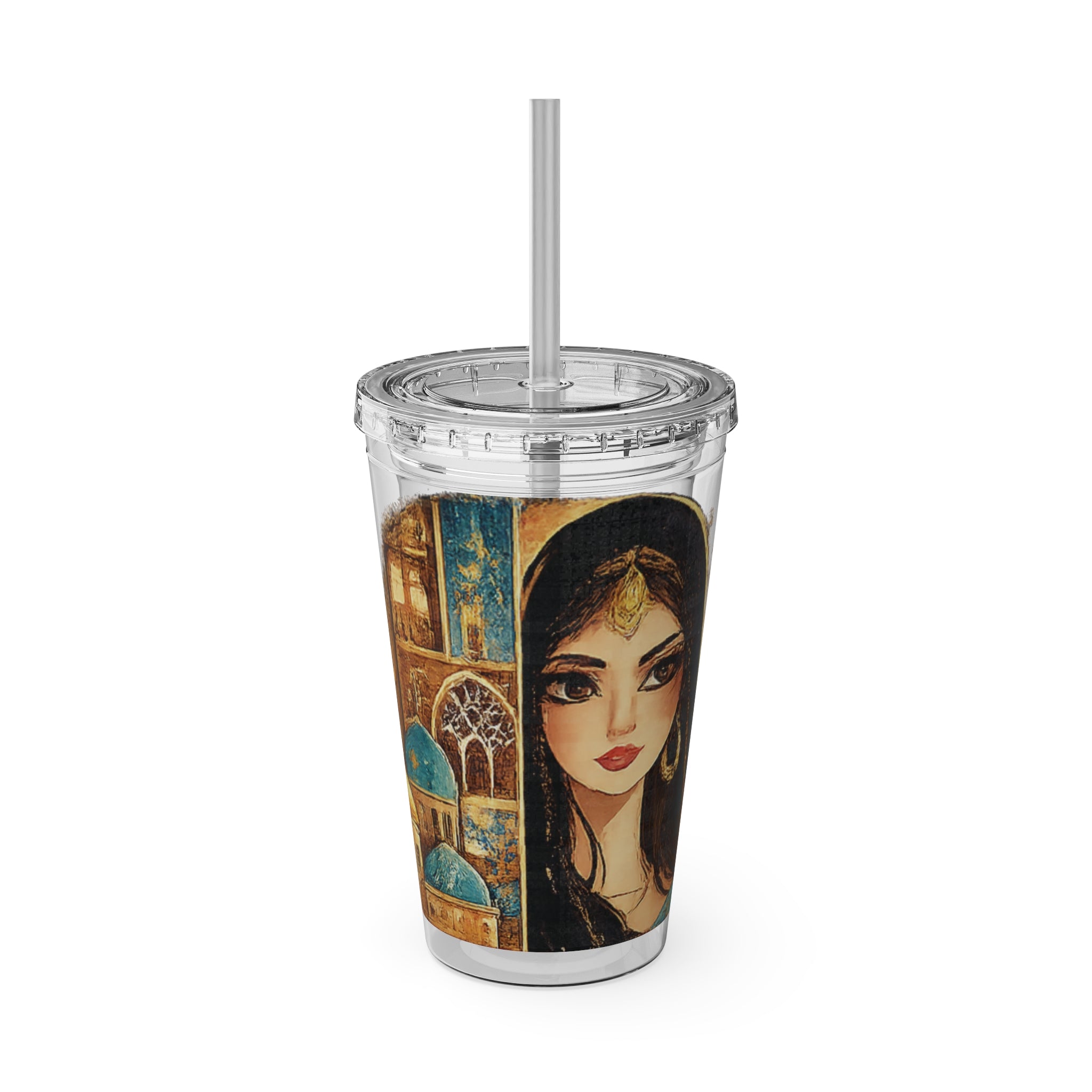 16oz Art Deco Goddess Tumbler with Straw — Middle Eastern Cityscape Design