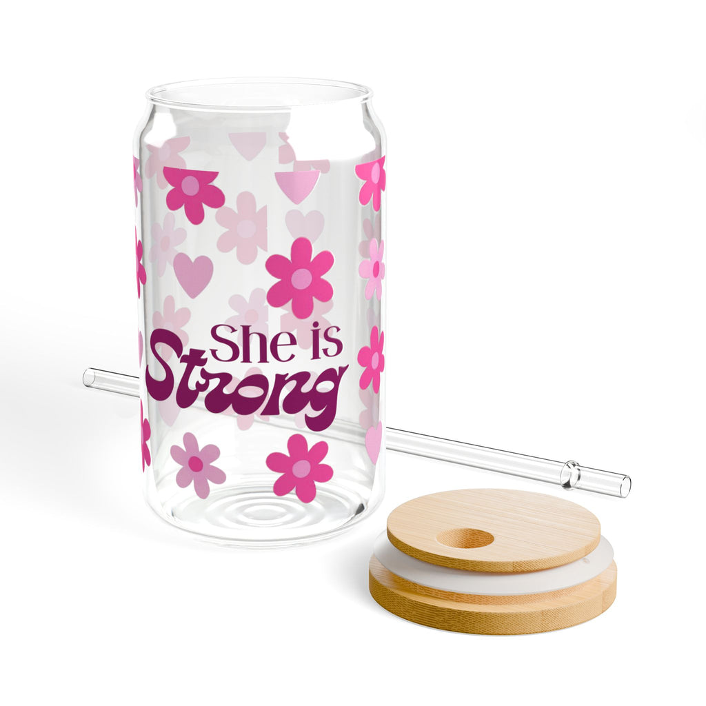 She Is Strong 16oz Sipper Glass – Floral Empowerment Drink Jar