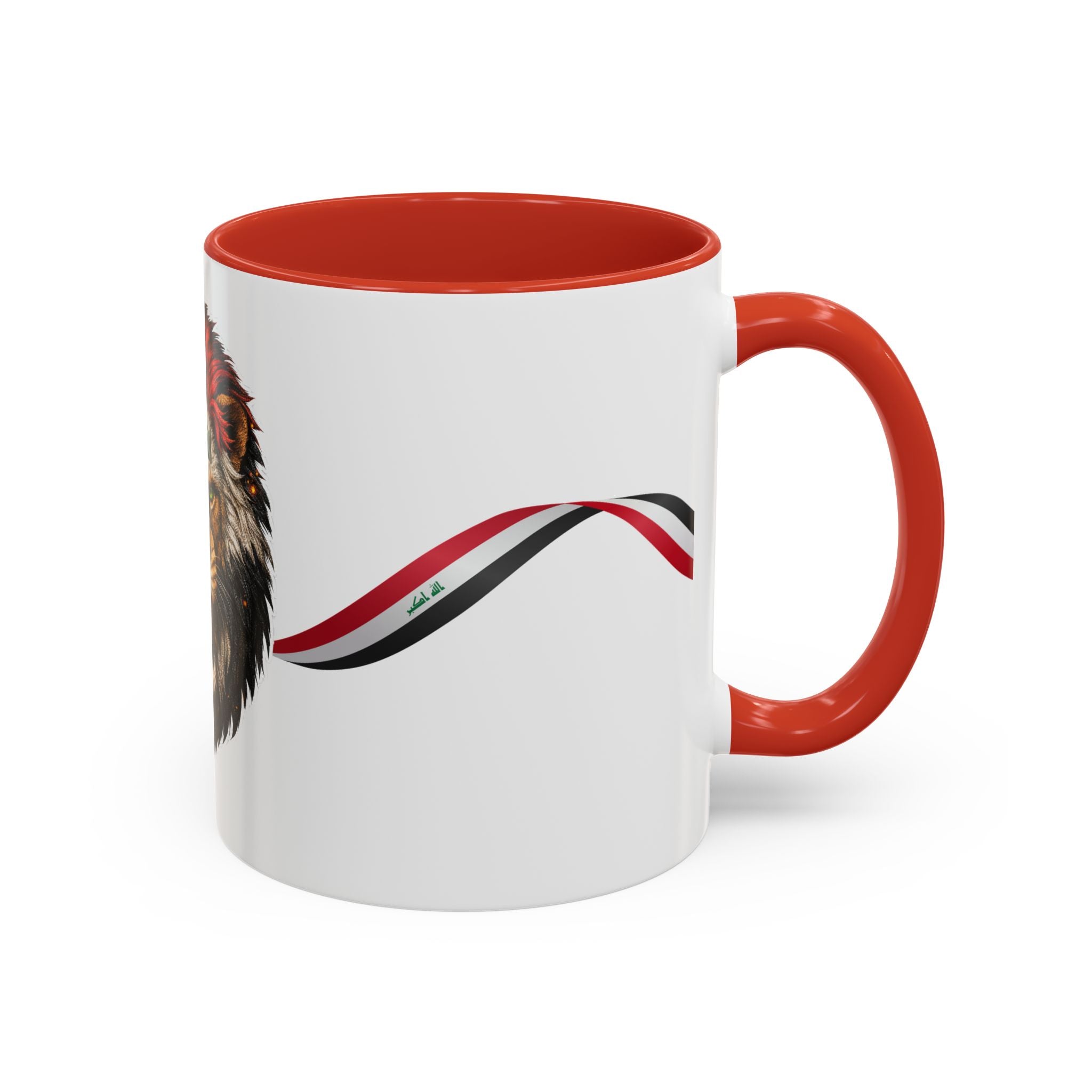 Iraq Lion Head Accent Coffee Mug with Arabic Script and Flag Ribbon – Patriotic Iraq Gift (11/15oz)