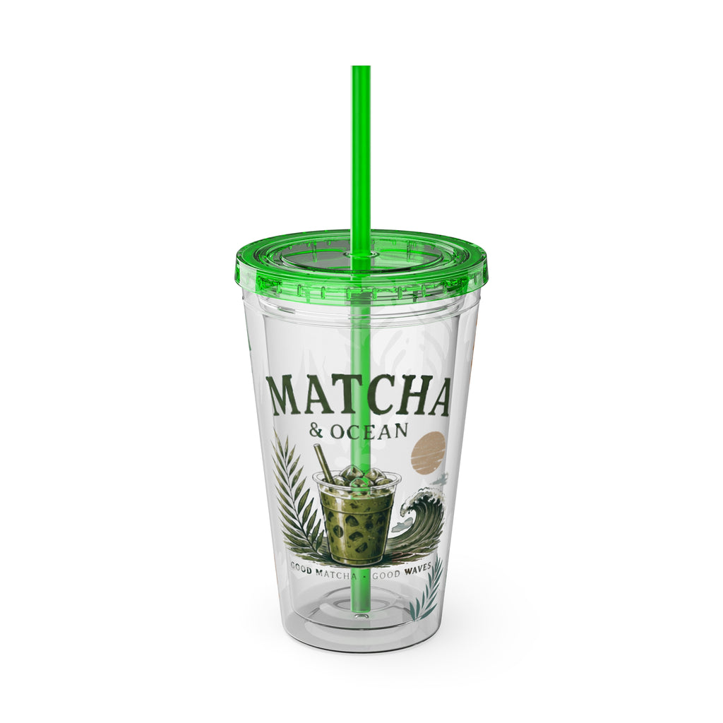 Matcha & Ocean 16oz Tumbler with Straw — Tropical Leaf Sunsplash Design