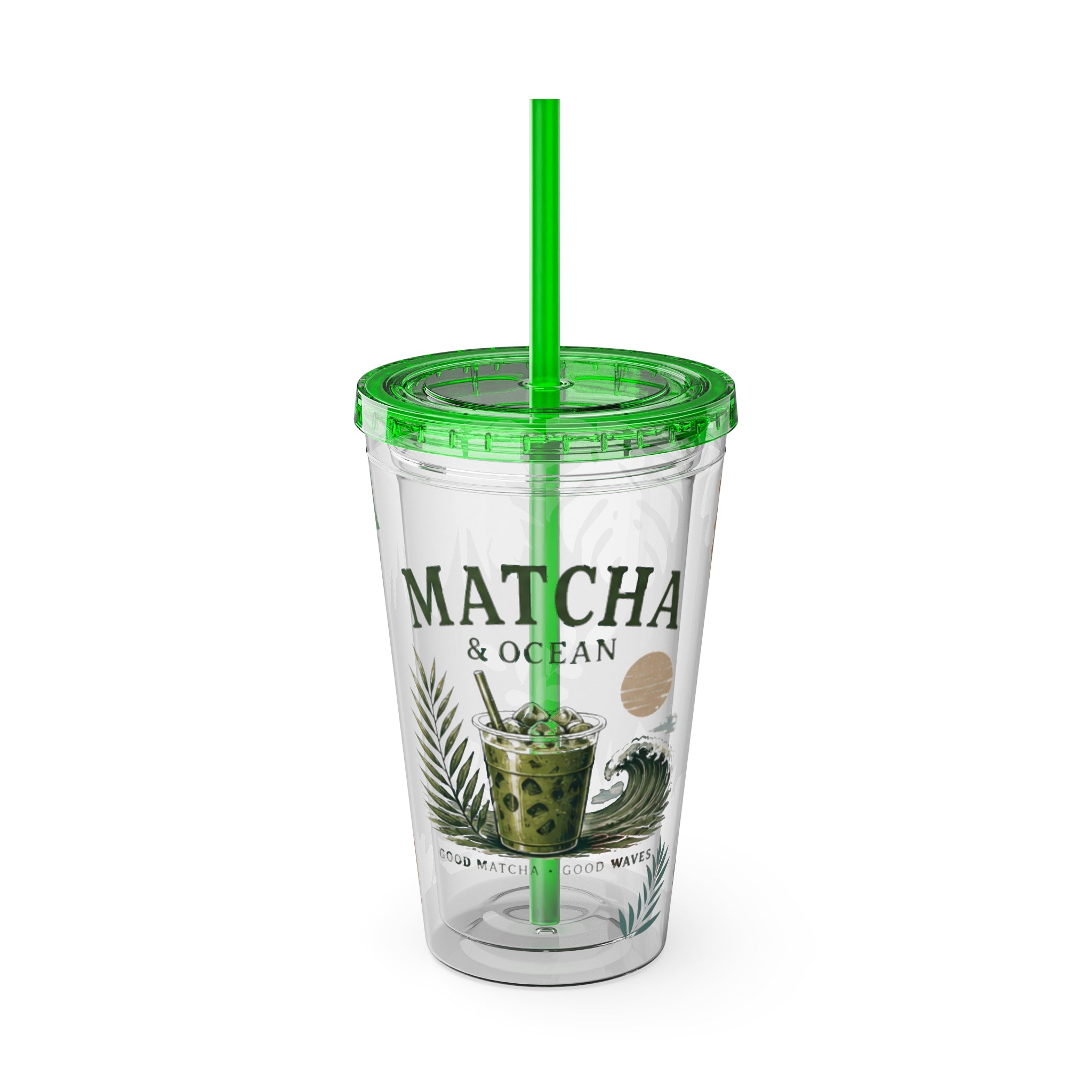 Matcha & Ocean 16oz Tumbler with Straw — Tropical Leaf Sunsplash Design