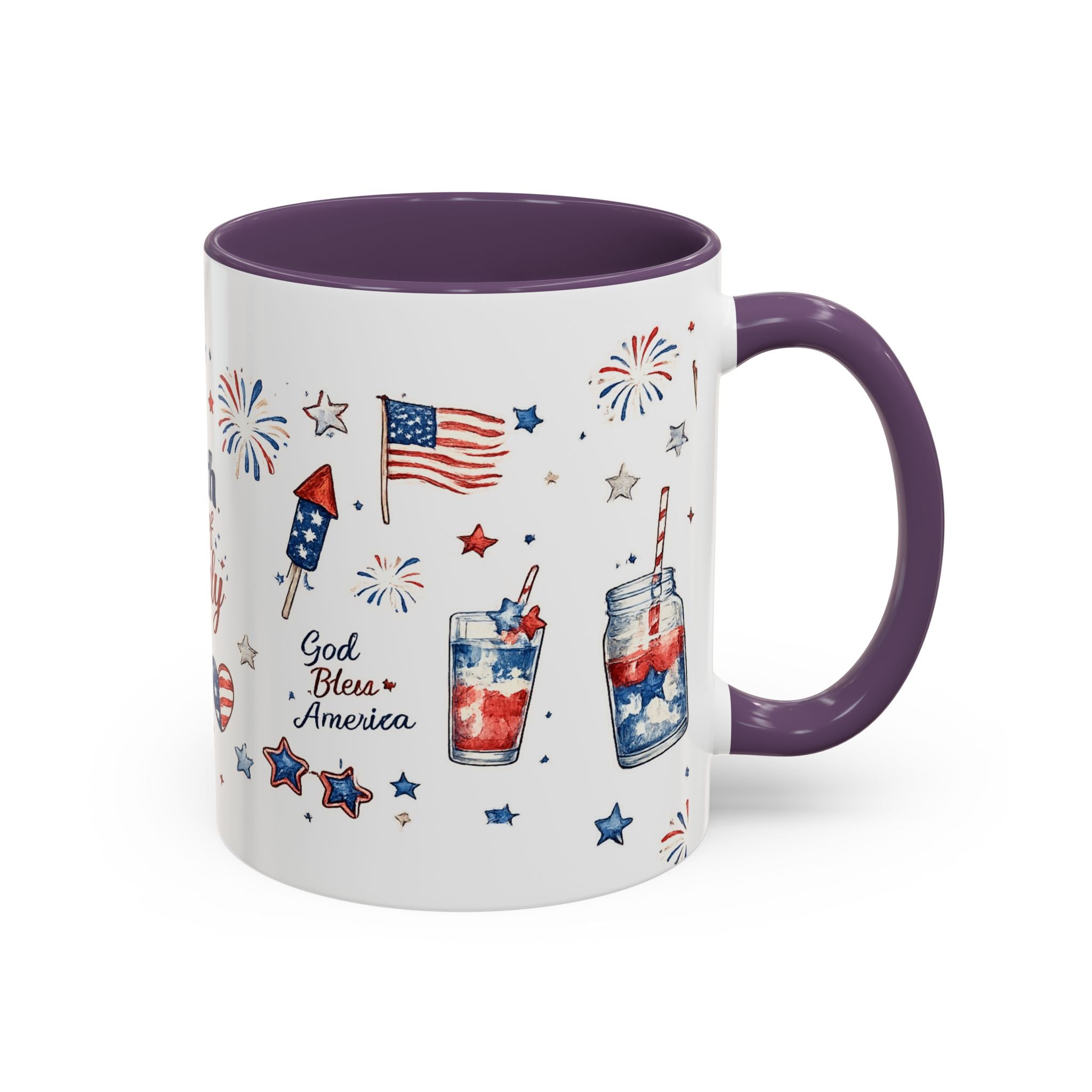 4th of July Accent Coffee Mug — Patriotic Fireworks & God Bless America Design (11oz)
