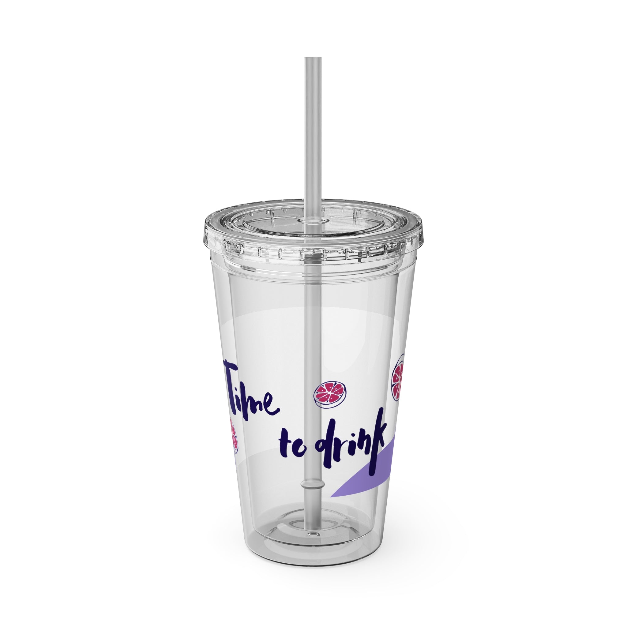Sunsplash 16oz Tumbler with Straw — 'Time to Drink' Purple Sunset Drink Cup