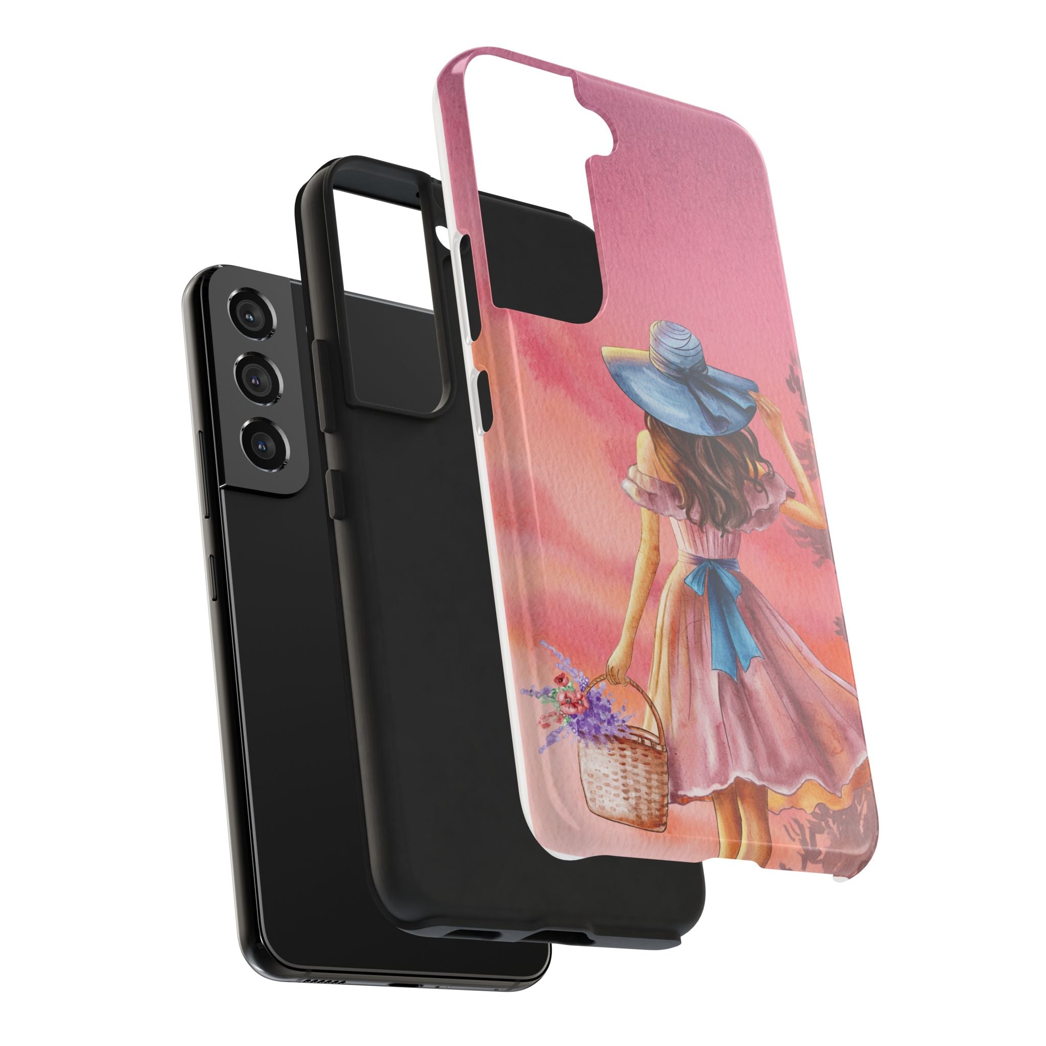 Pastel Picnic Girl Phone Case — Protective Tough Phone Case with Watercolor Sunset Design