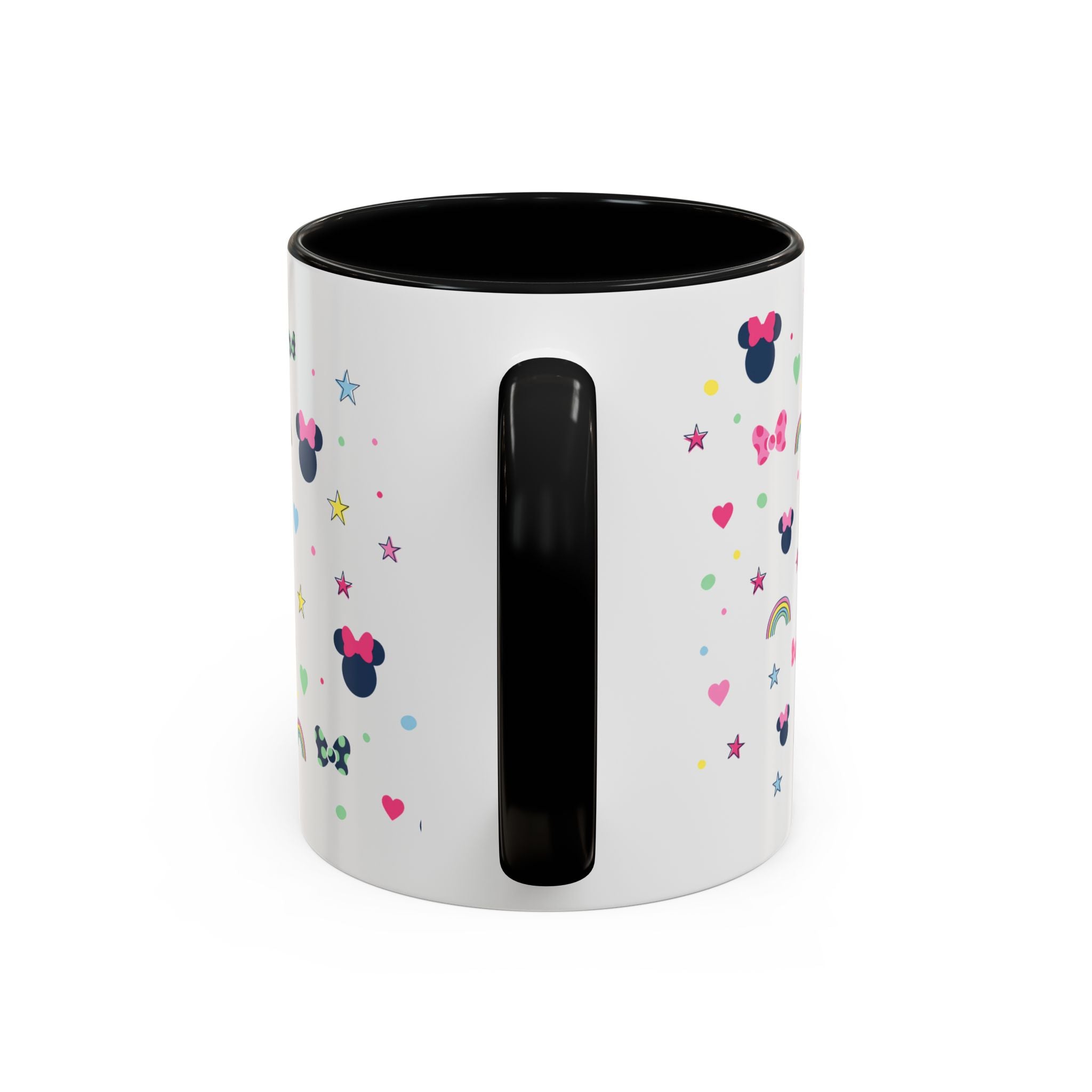 Minnie Dots Accent Coffee Mug — Cute Rainbow & Bow Pattern (11oz)