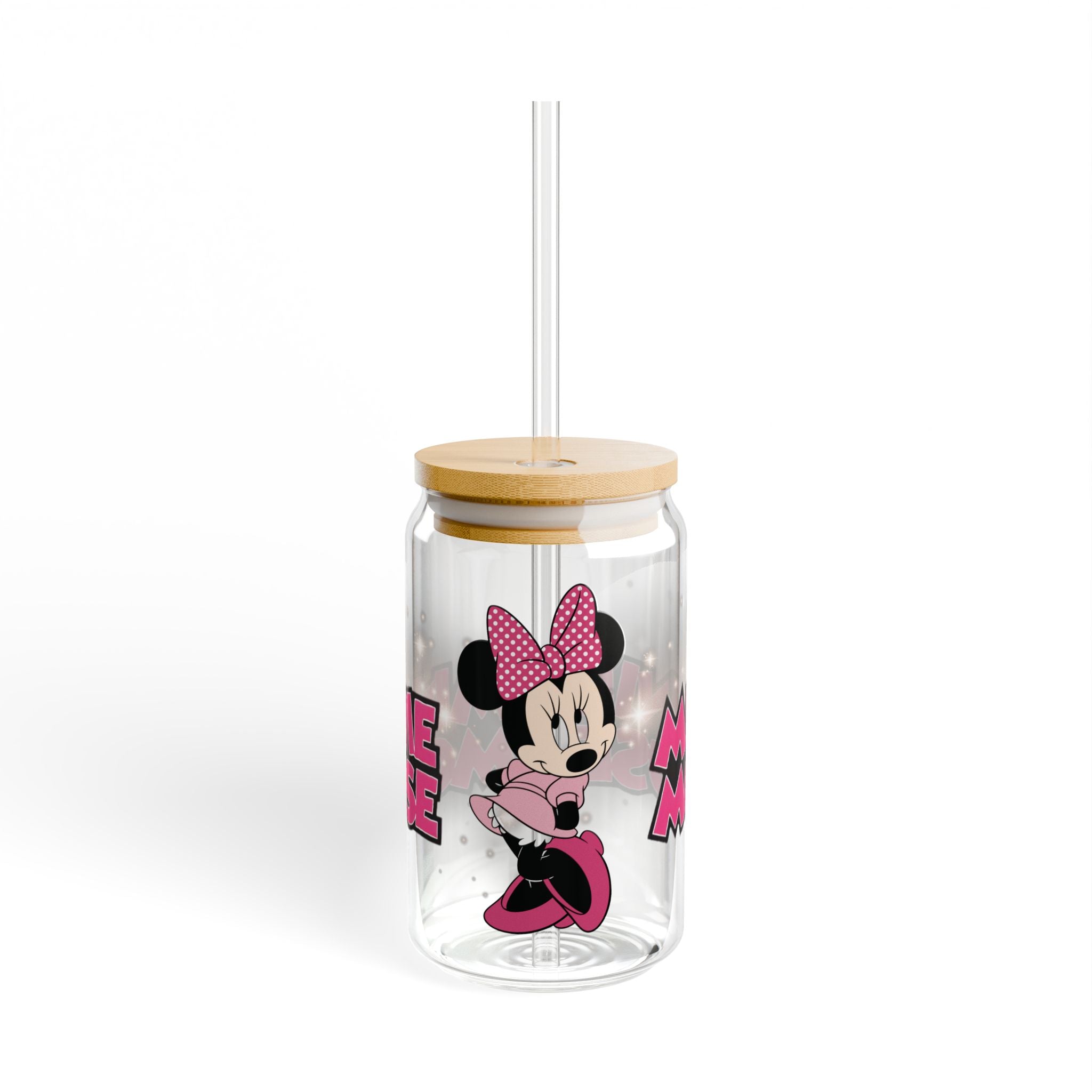 Minnie Mouse 16oz Sipper Glass with Bamboo Lid & Straw - Disney Pink Cartoon Drink Tumbler