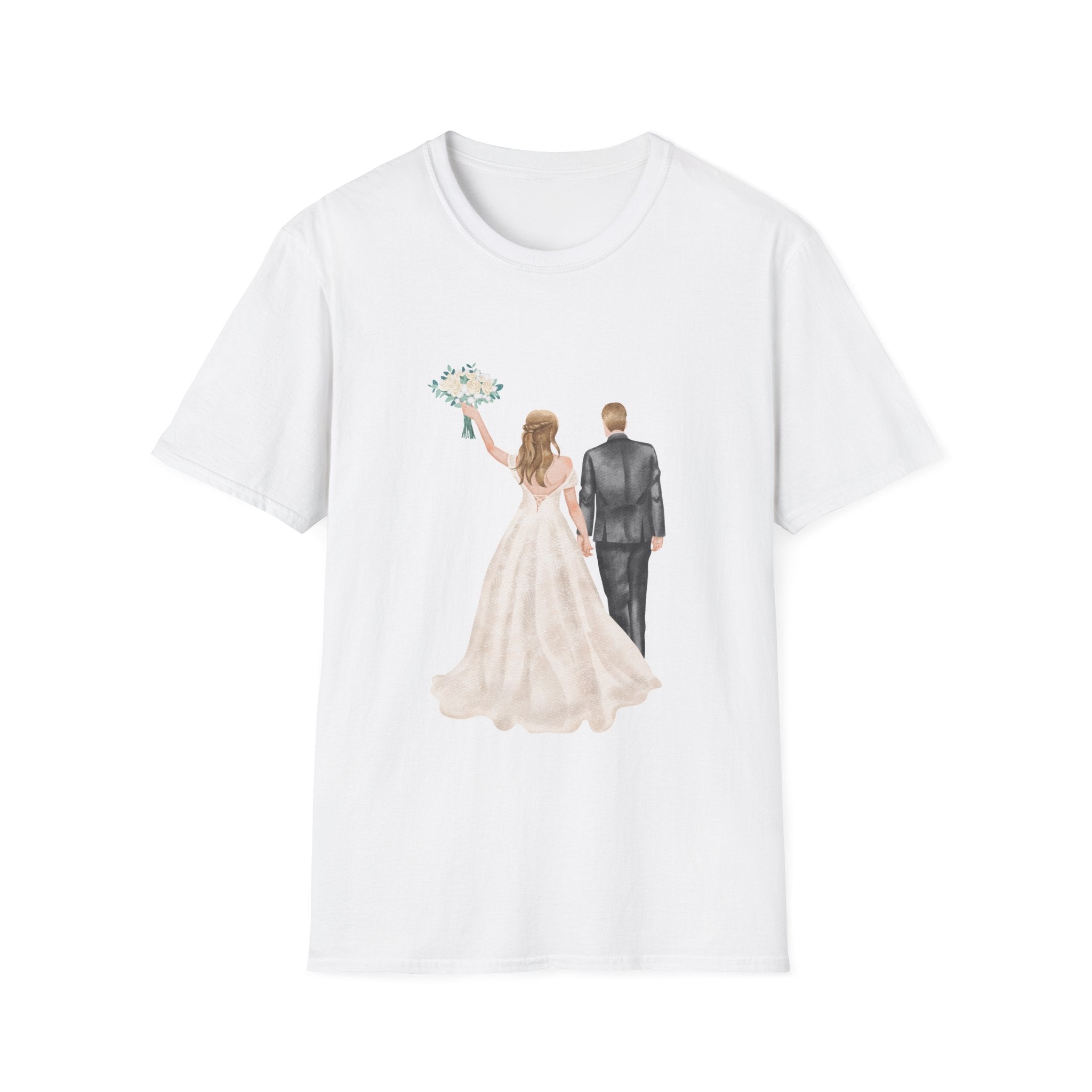 Wedding Couple T-Shirt — Bride & Groom Back Rings Design