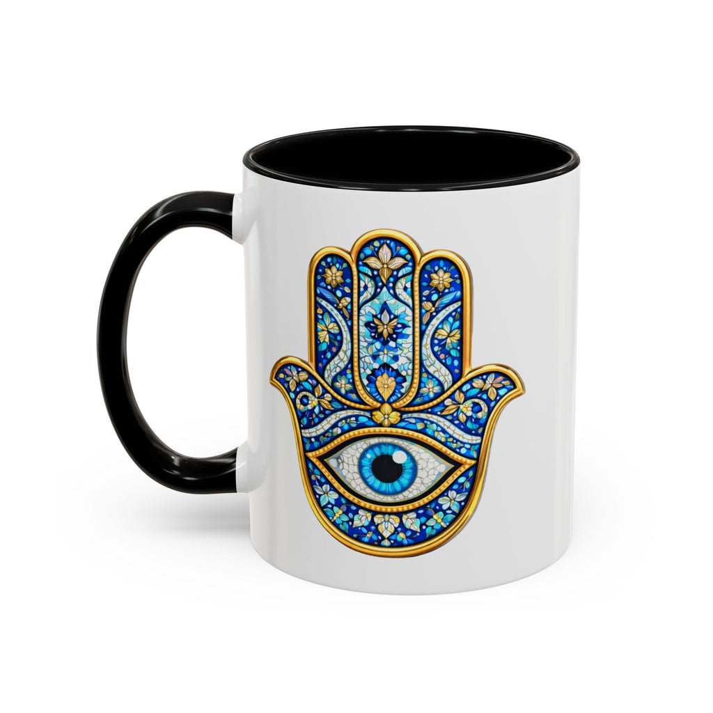 Hamsa Hand Accent Coffee Mug – Blue Protective Evil Eye Ceramic Mug (11/15oz)