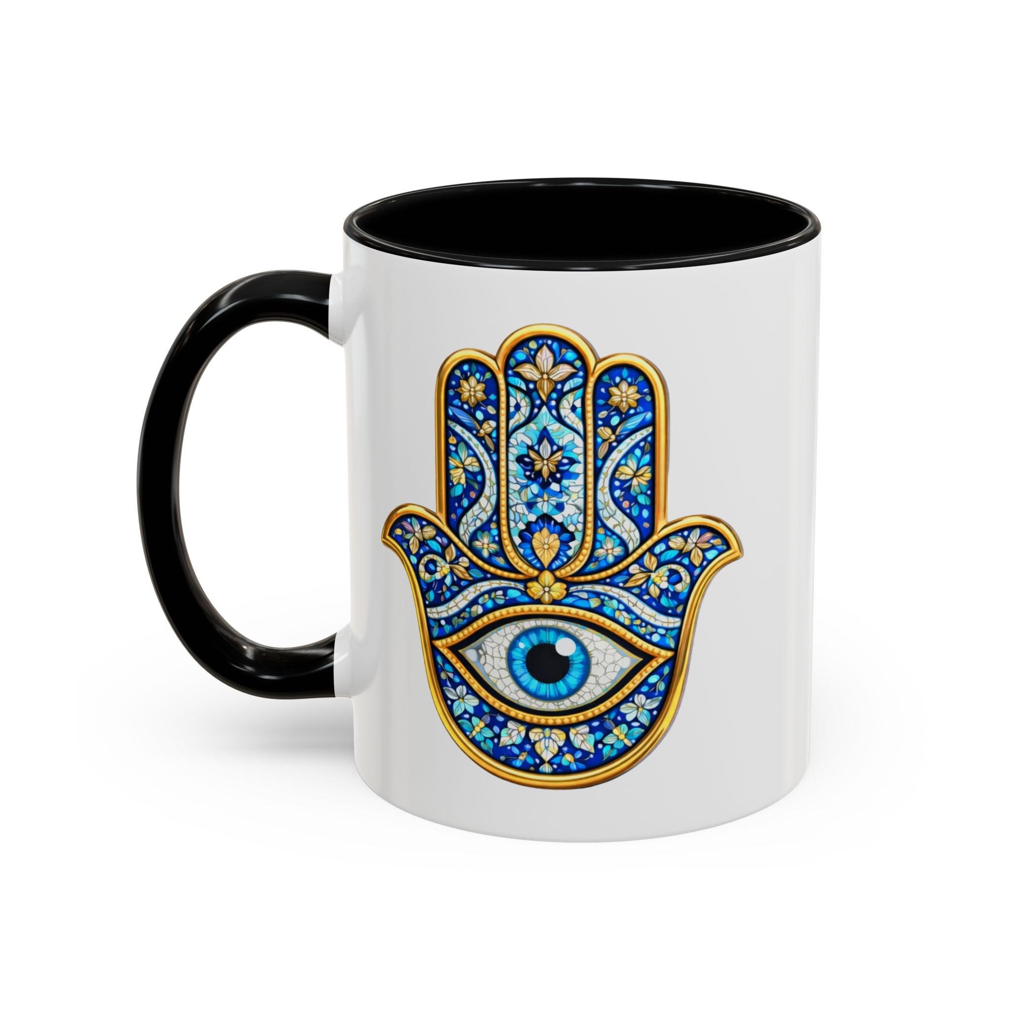 Hamsa Hand Accent Coffee Mug – Blue Protective Evil Eye Ceramic Mug (11/15oz)