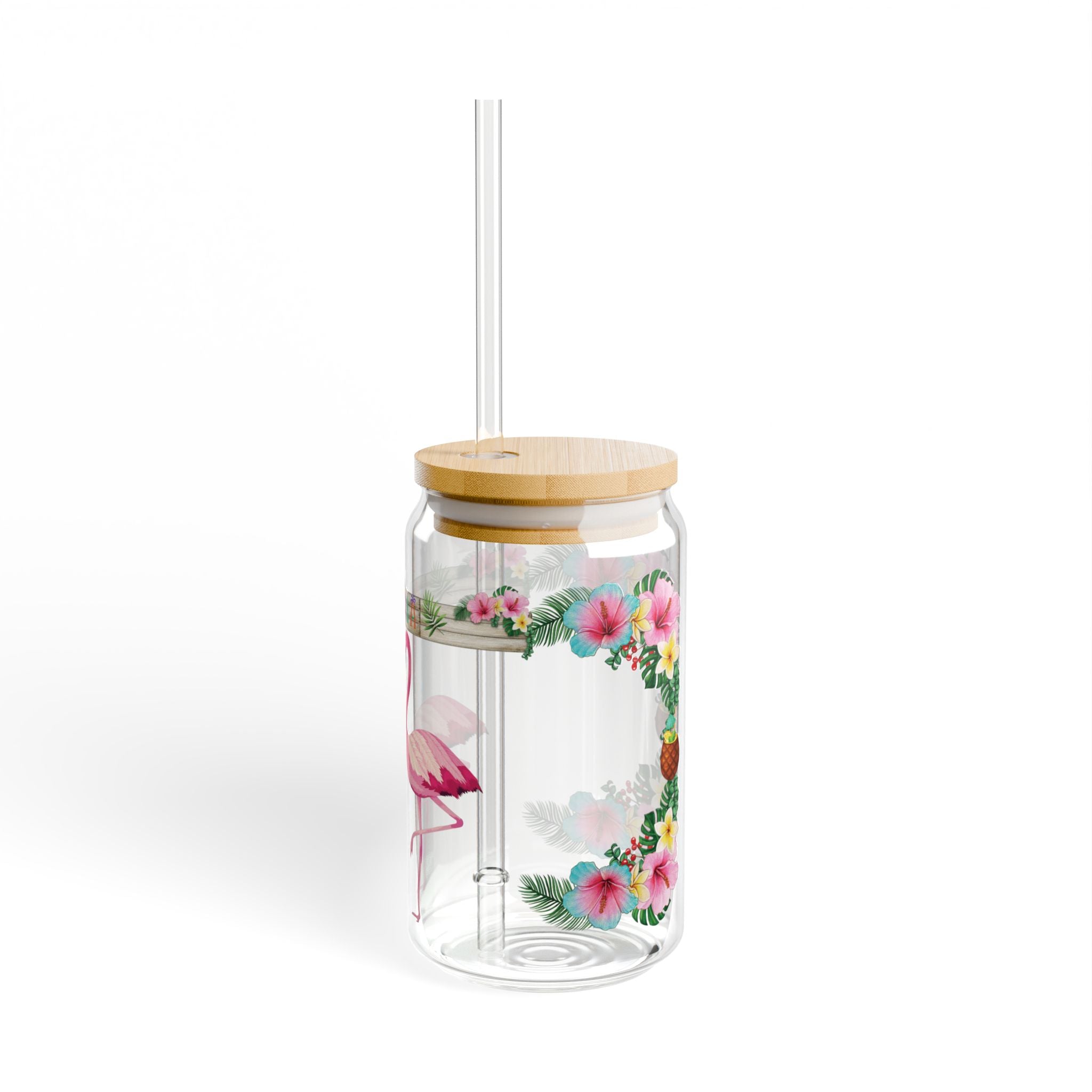 Flamingo Floral Sipper Glass — 16oz Tropical Drink Jar with Straw
