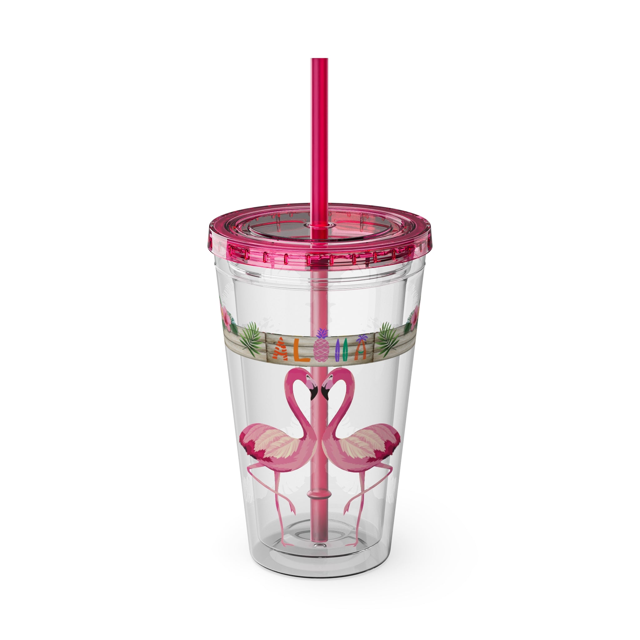 16oz Flamingo Aloha Tumbler with Straw — Tropical Sunsplash Drink Cup