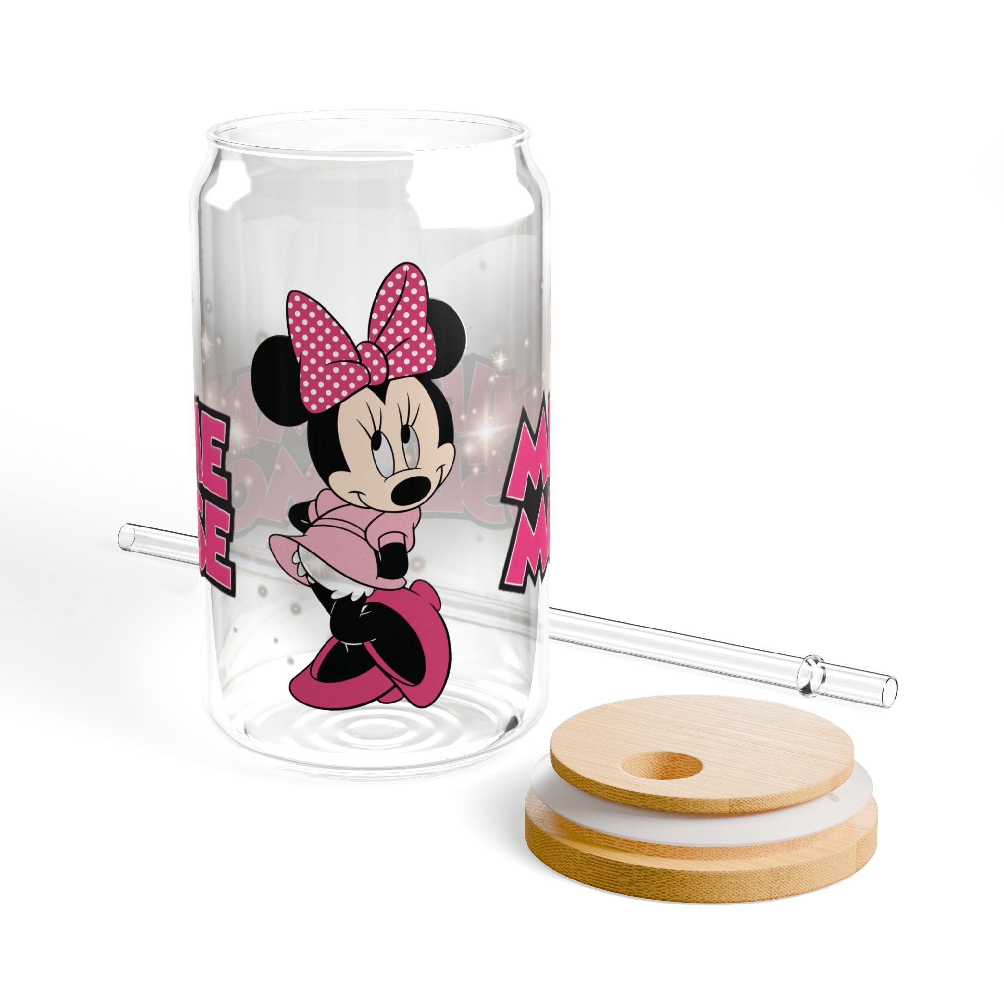 Minnie Mouse 16oz Sipper Glass with Bamboo Lid & Straw - Disney Pink Cartoon Drink Tumbler