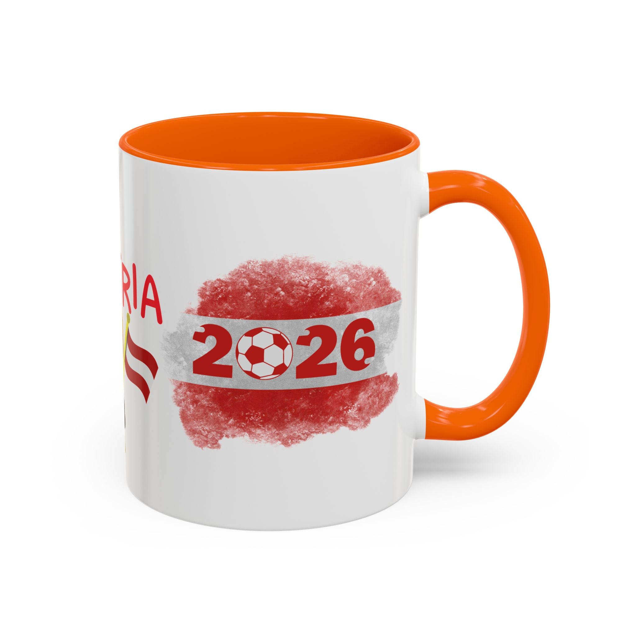 Austria 2026 Soccer Cup Accent Coffee Mug — Red Flag & Trophy Design (11/15oz)
