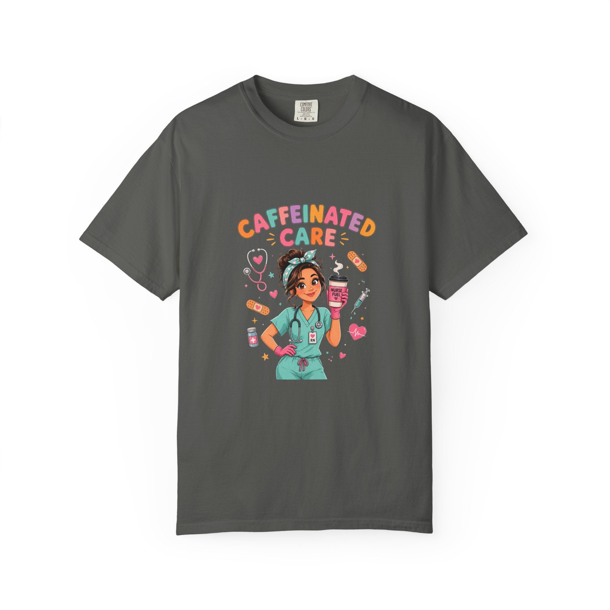 Caffeinated Care Nurse T-Shirt – Funny Medical Coffee Tee for Healthcare Workers