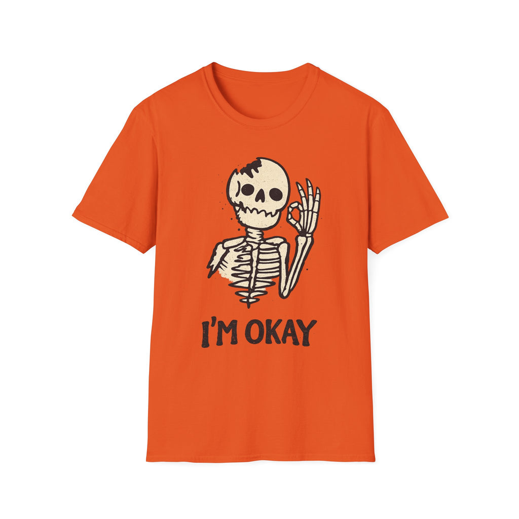 I'm Okay Skeleton T-Shirt — Cute Waving Skeleton Graphic Tee (Halloween, Spooky Casual)