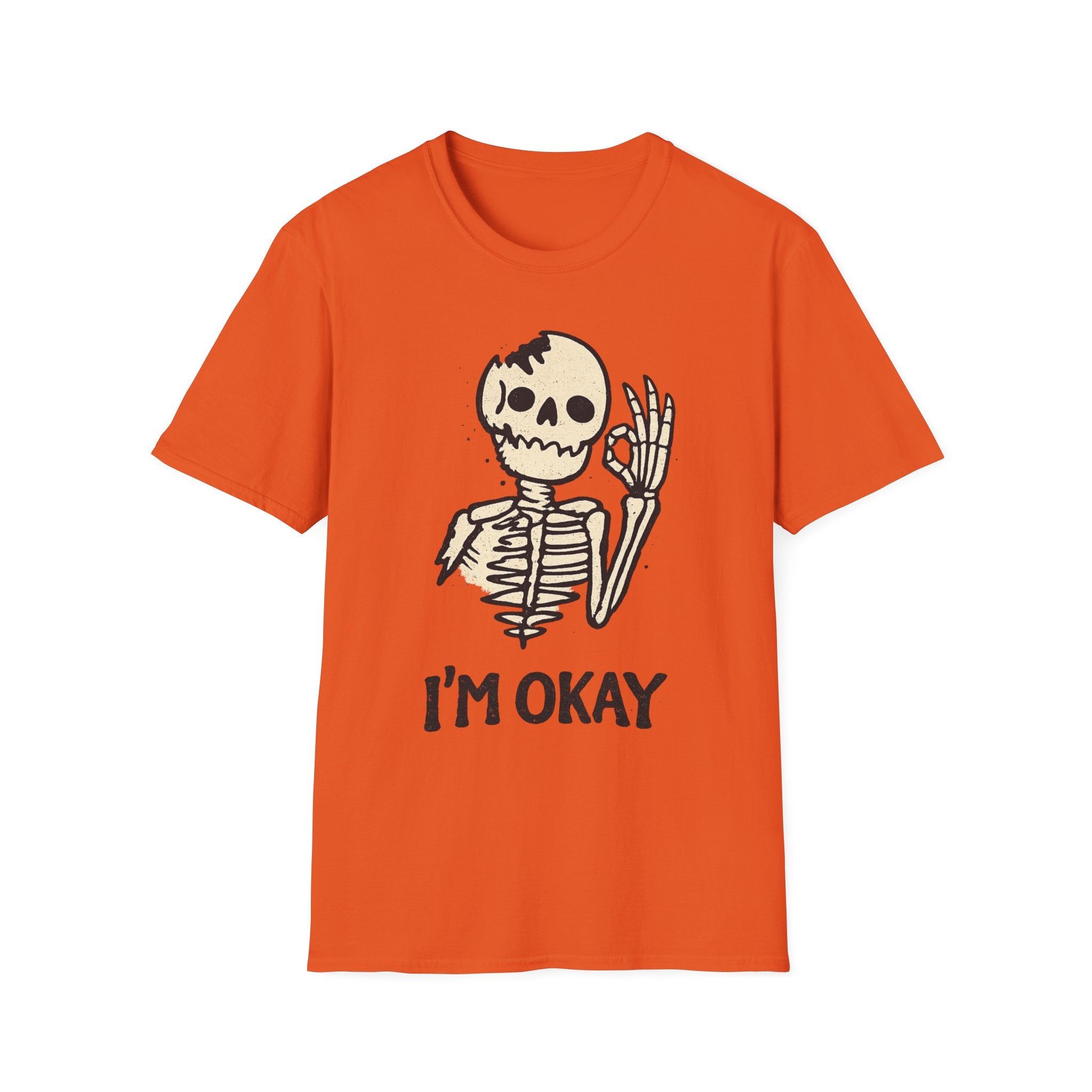 I'm Okay Skeleton T-Shirt — Cute Waving Skeleton Graphic Tee (Halloween, Spooky Casual)