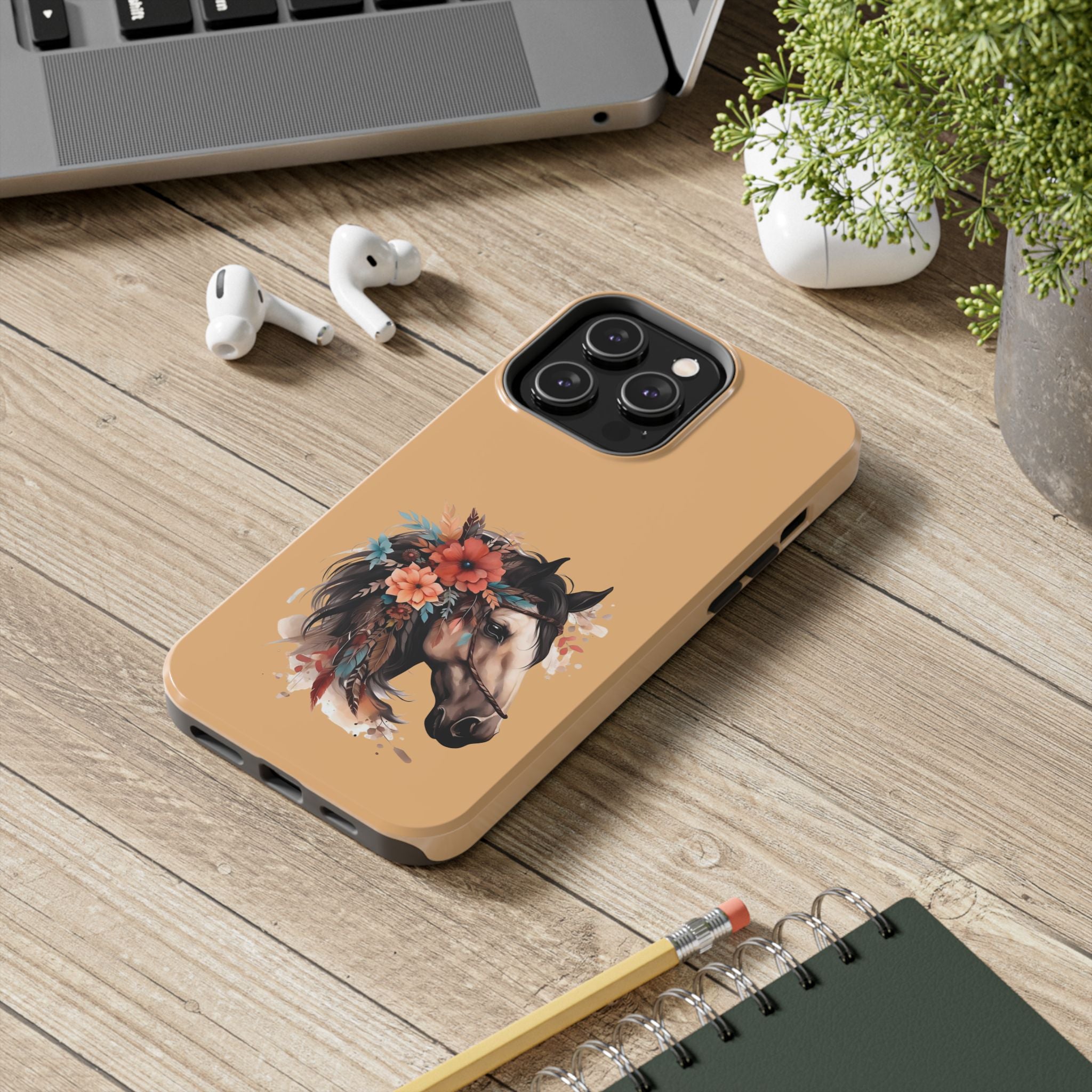Horse Floral Tough Phone Case — Protective iPhone Cover with Boho Horse Head Design