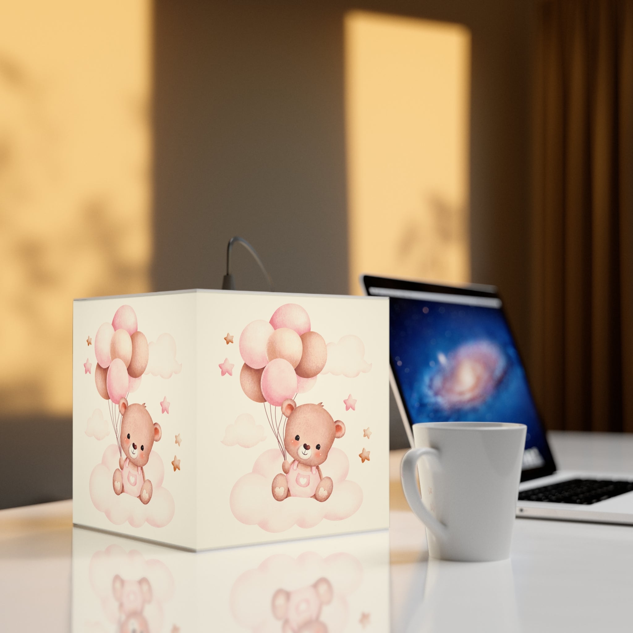 Teddy Bear Balloon Cube Lamp — Pink Nursery Light