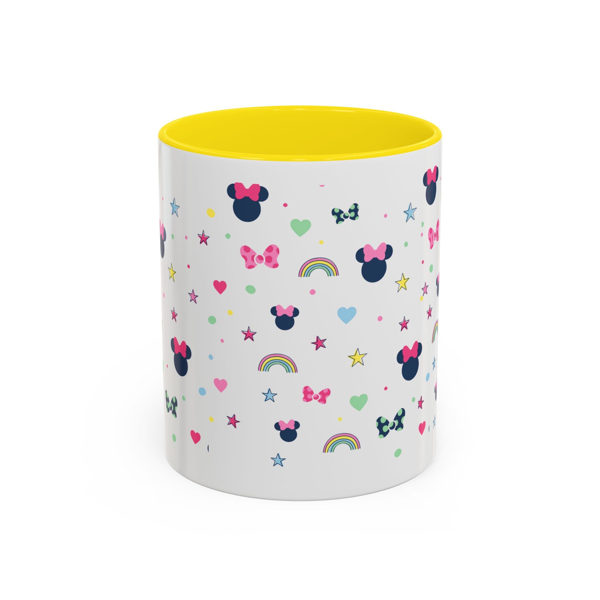 Minnie Dots Accent Coffee Mug — Cute Rainbow & Bow Pattern (11oz)