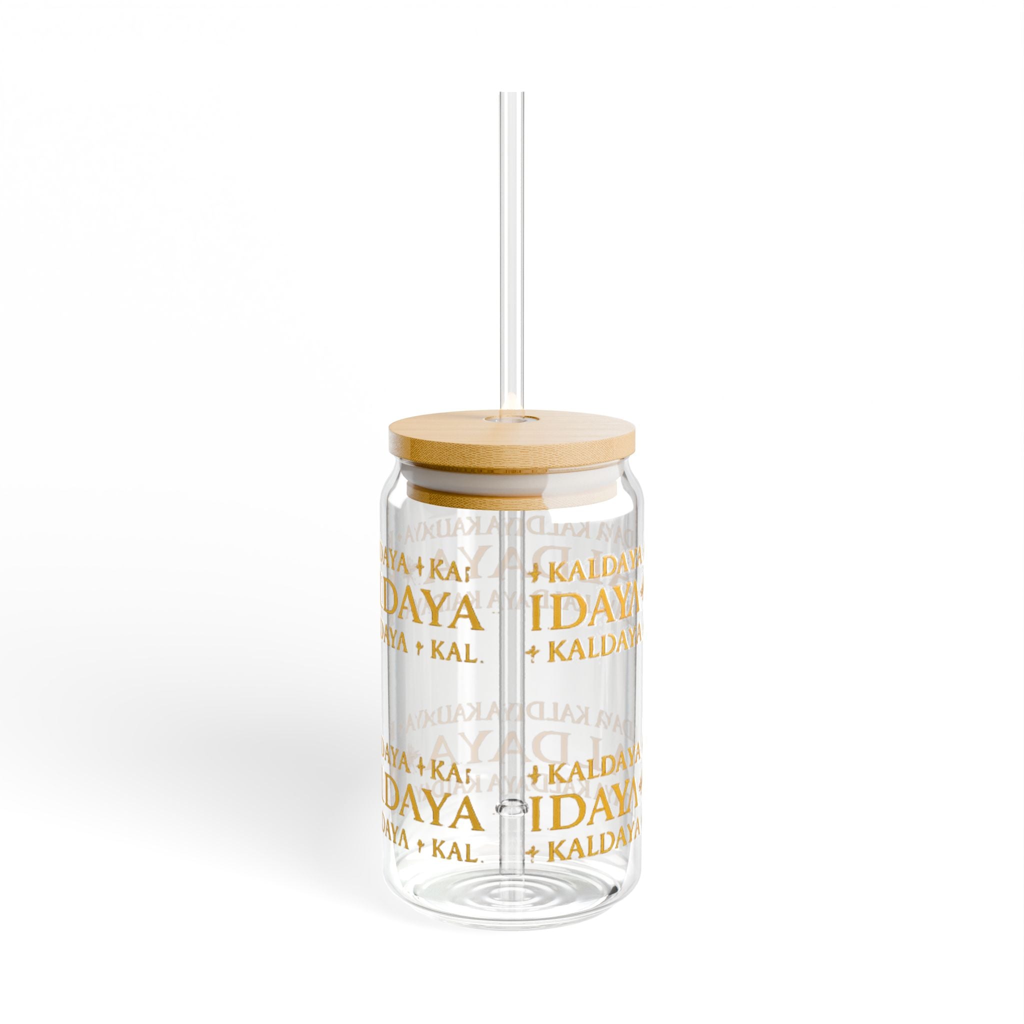 Kaldaya Repeated Logo 16oz Sipper Glass with Bamboo Lid & Straw