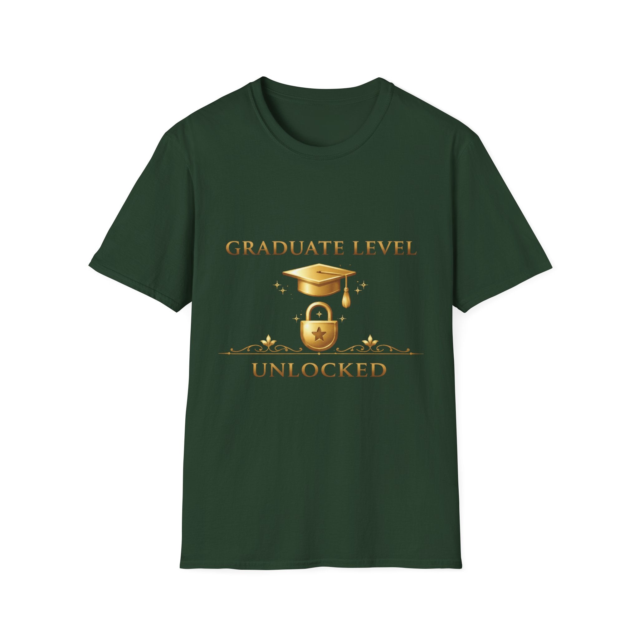 Graduate Level Unlocked T-Shirt — Graduation Cap & Lock Celebration Tee
