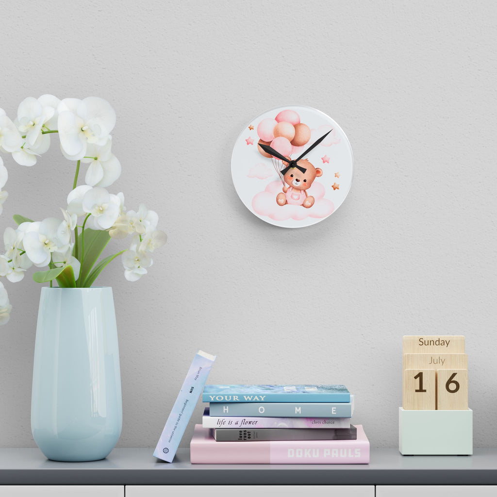 Baby Bear Balloon Acrylic Wall Clock — Cute Nursery Decor