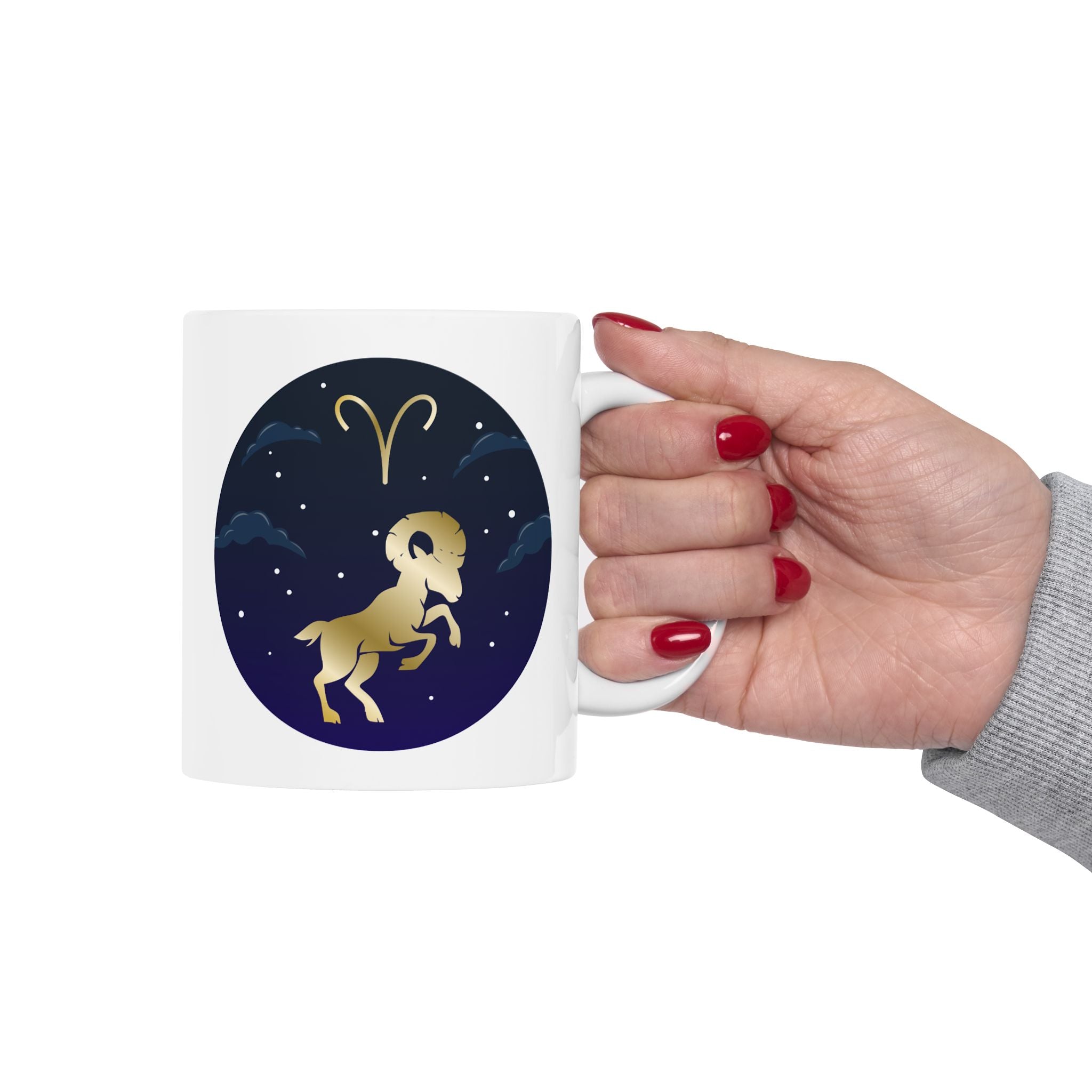 Aries Dreamy Night Cat Ceramic Mug – Starry Moon Cat Illustration (11oz, 15oz)