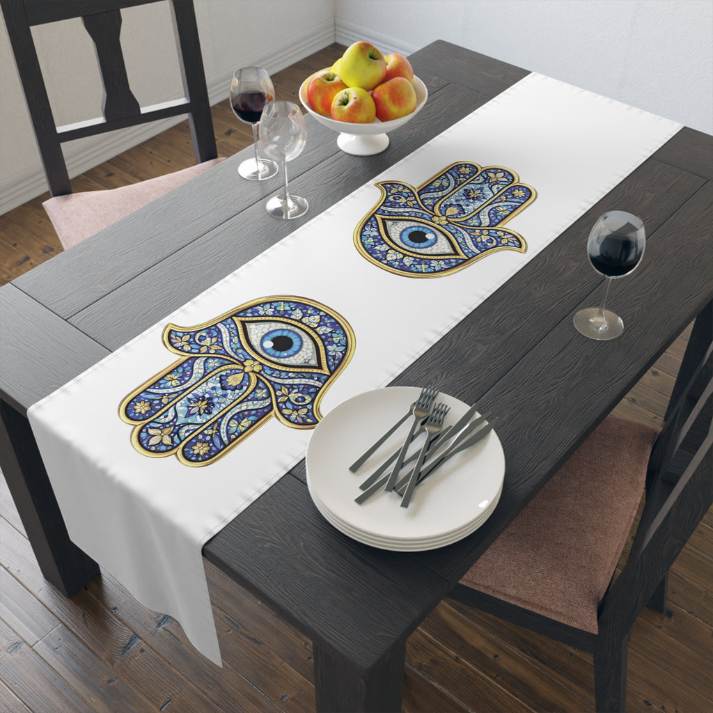 Hamsa Eye Table Runner — Blue Protective Hand Print Cotton-Poly Dining Decor