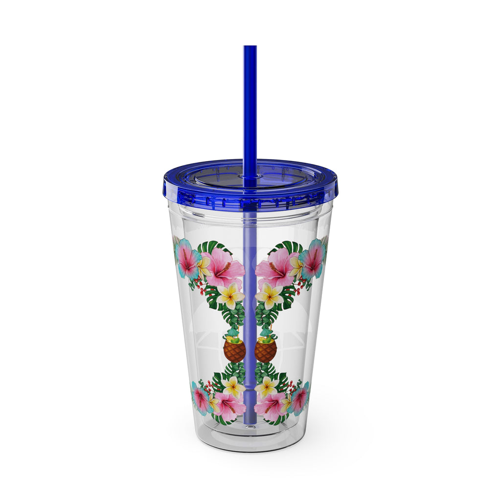 16oz Flamingo Aloha Tumbler with Straw — Tropical Sunsplash Drink Cup