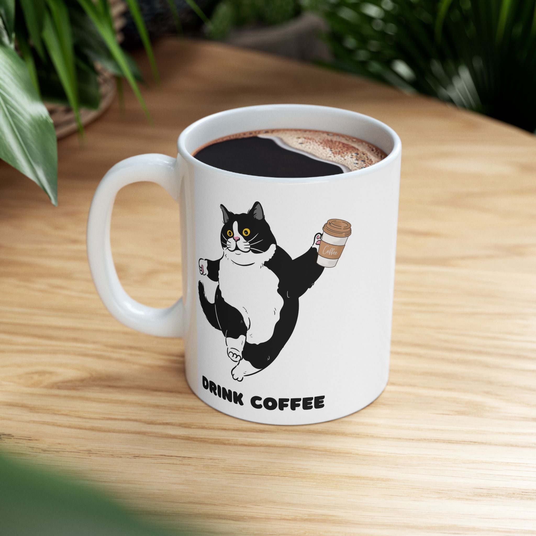 Cat Coffee Mug — "Drink Coffee, Break!" Cute Tuxedo Cat Tea Cup (11oz & 15oz)