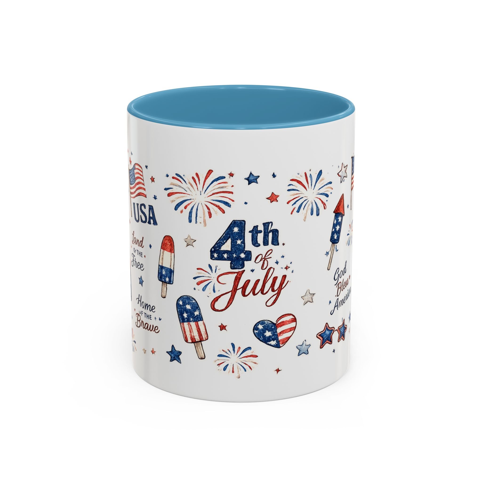 4th of July Accent Coffee Mug — Patriotic Fireworks & God Bless America Design (11oz)