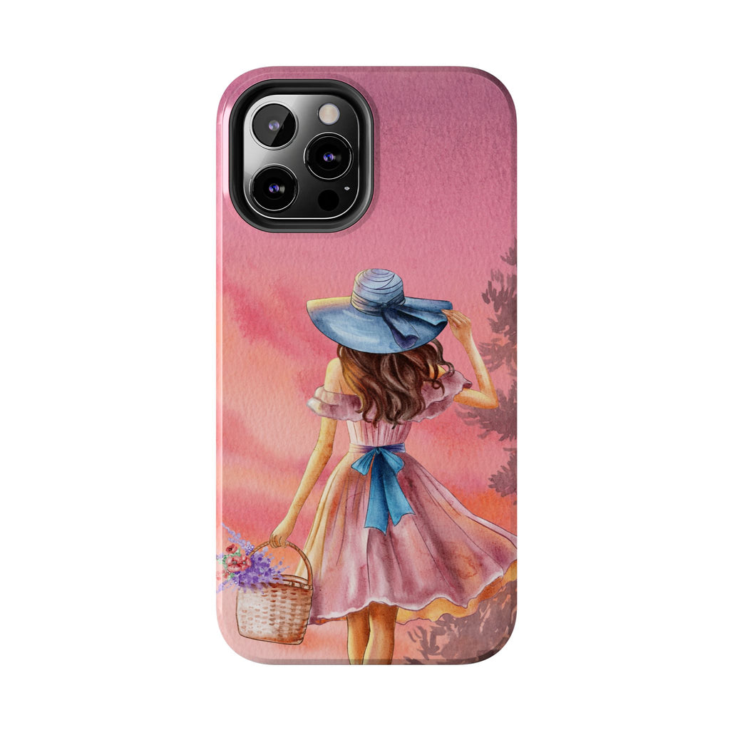 Pastel Picnic Girl Phone Case — Protective Tough Phone Case with Watercolor Sunset Design