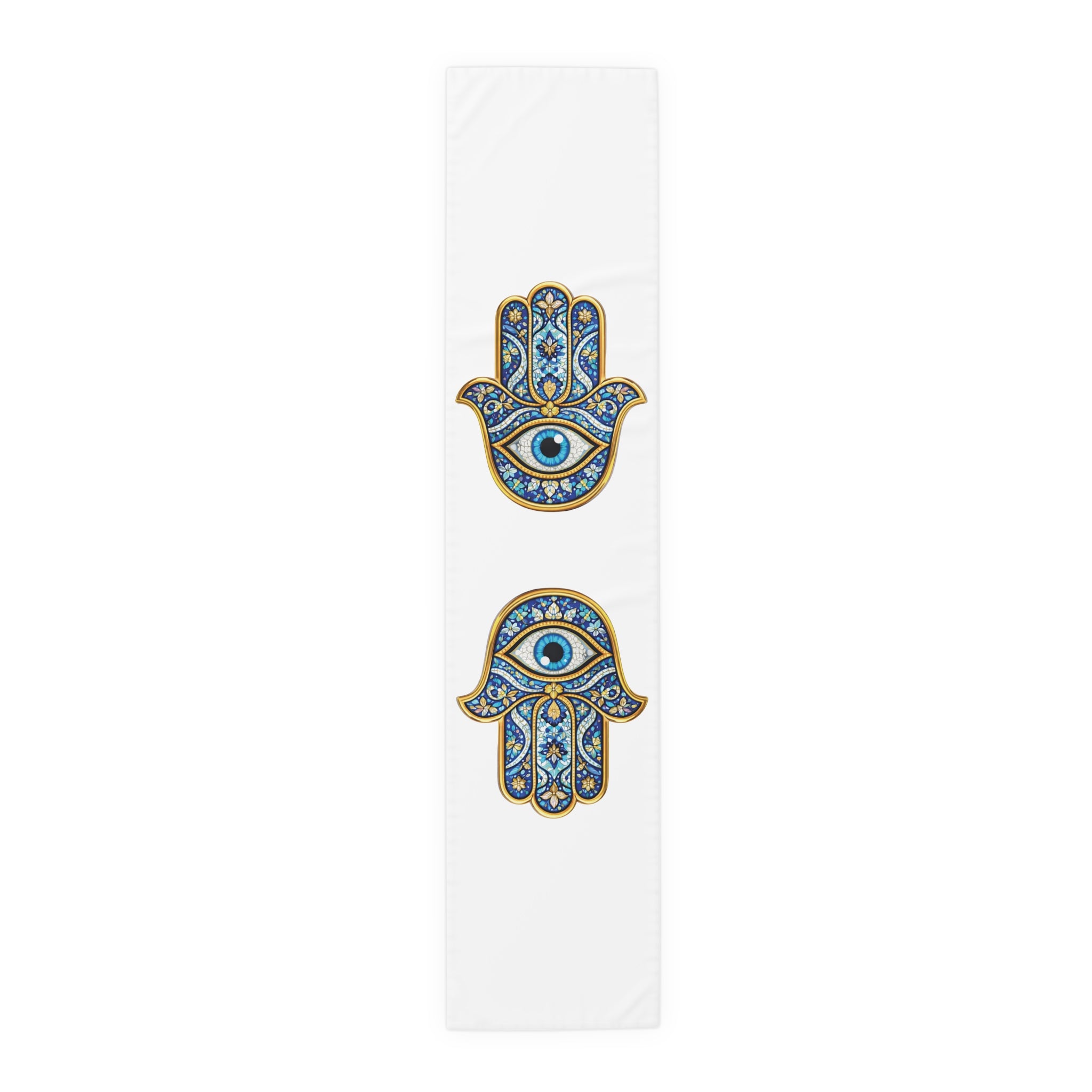 Hamsa Eye Table Runner — Blue Protective Hand Print Cotton-Poly Dining Decor