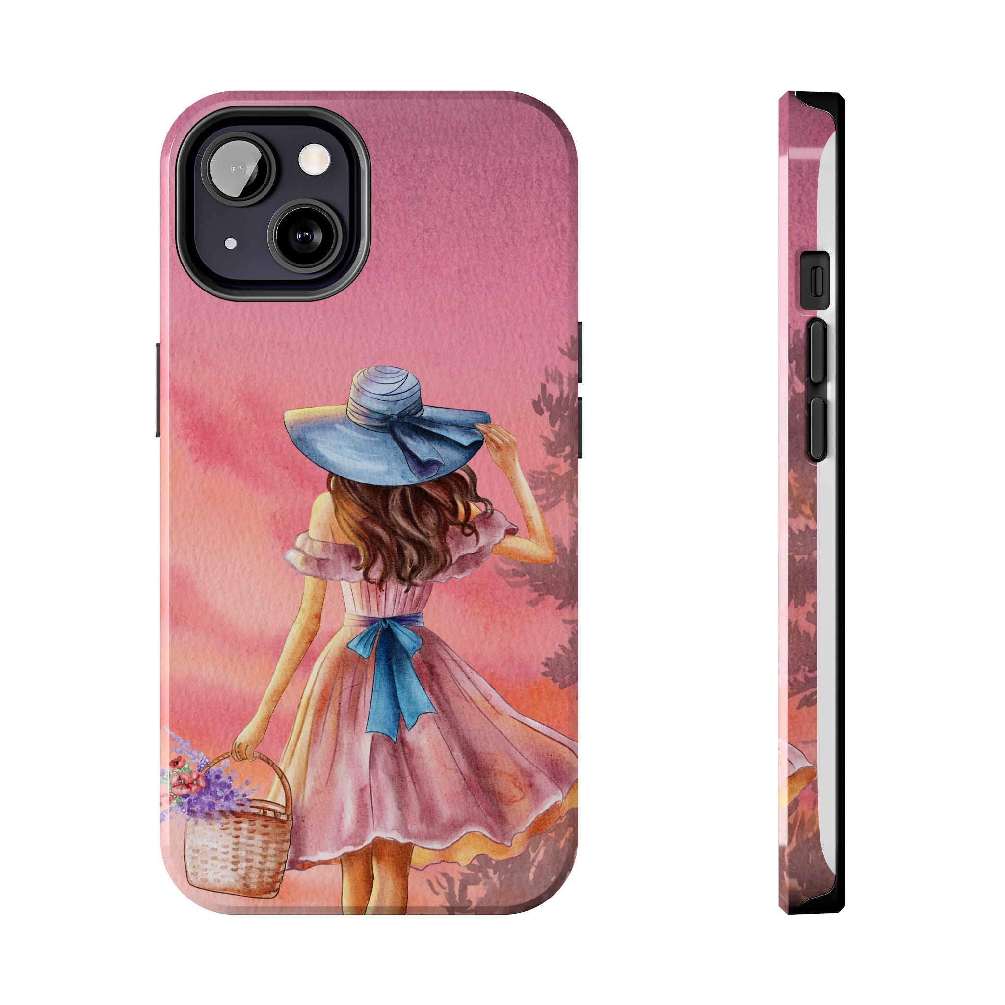 Pastel Picnic Girl Phone Case — Protective Tough Phone Case with Watercolor Sunset Design