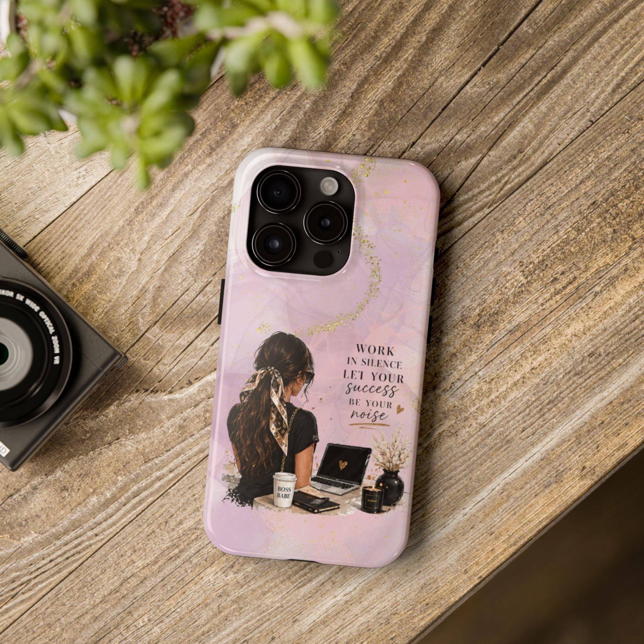 Inspirational Pink Work Desk Phone Case — "Work in Silence, Let Your Success Be Your Noise"