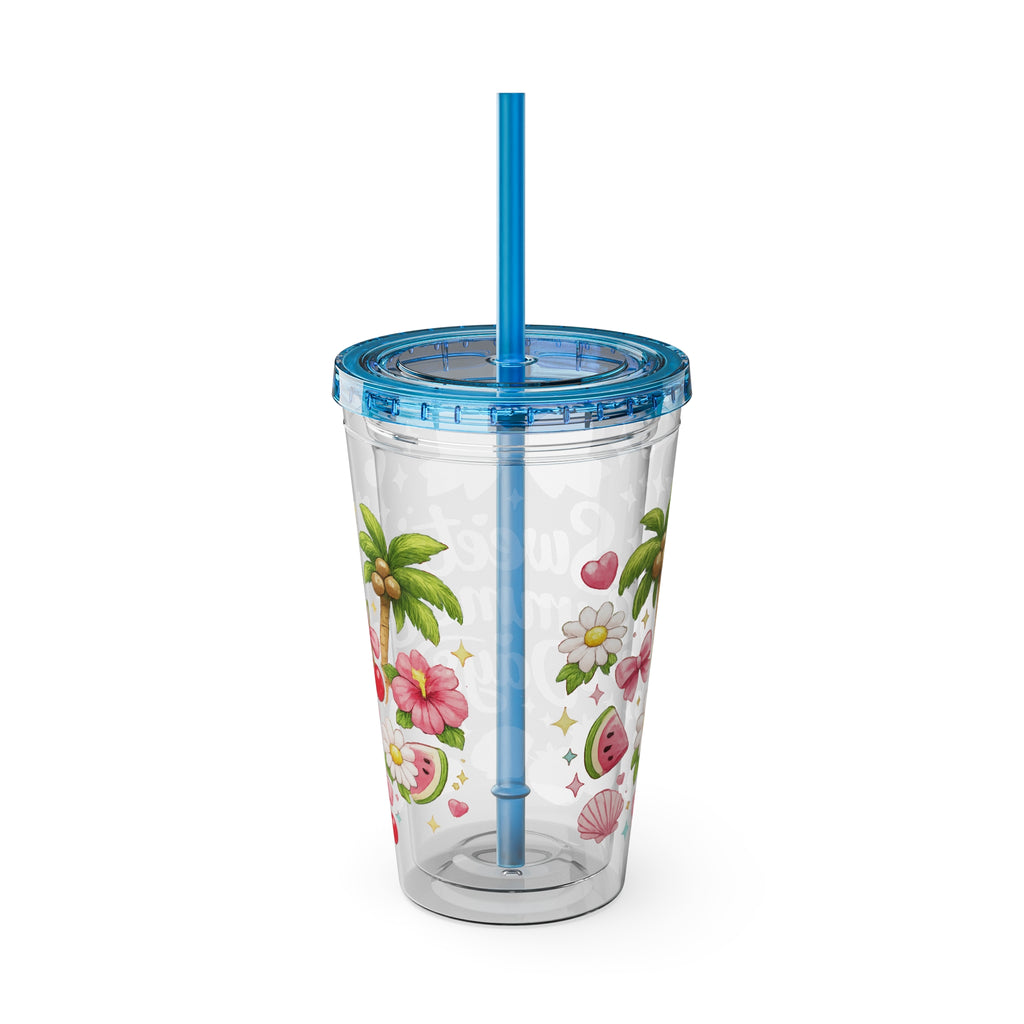 Sweet Summer Days Tumbler — 16oz Clear Straw Cup with Tropical Fruits & Bow Design