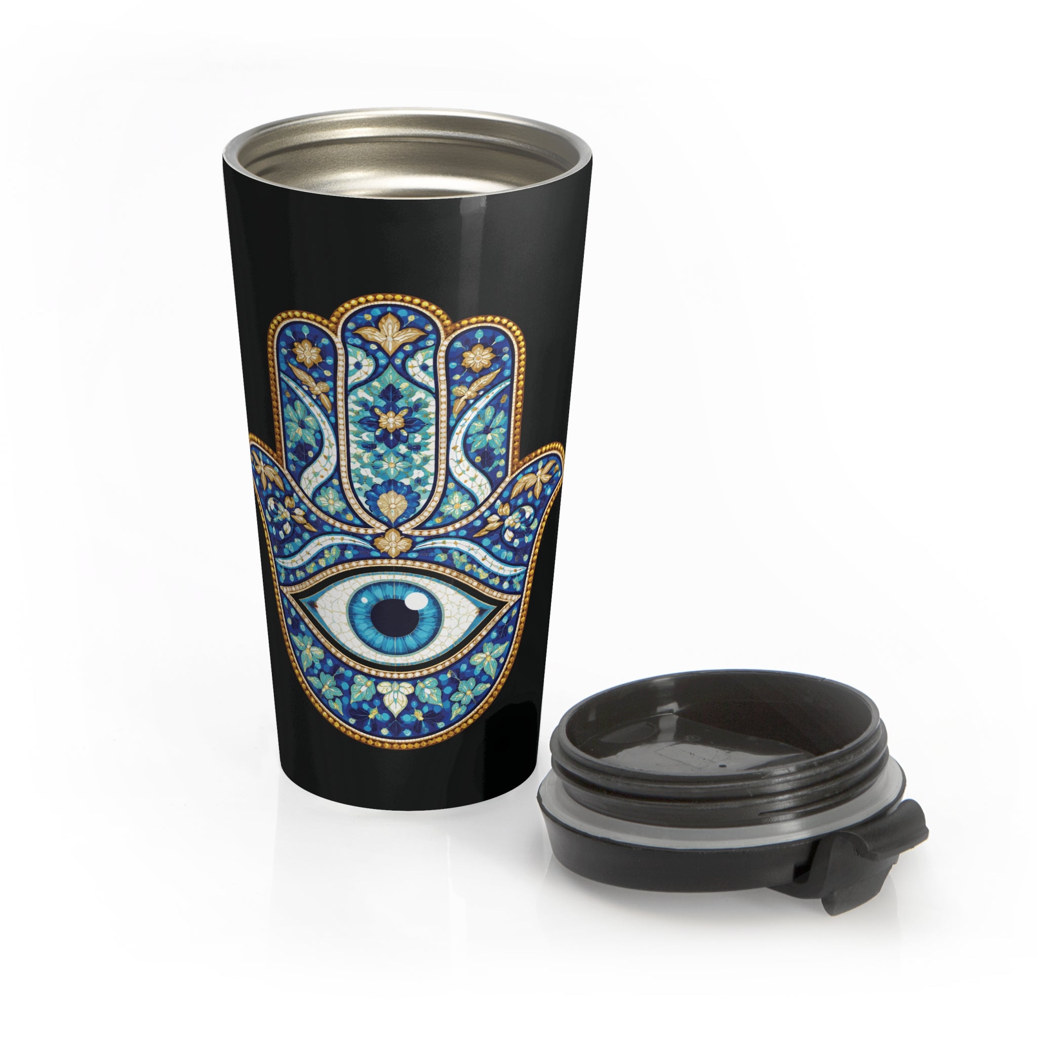 Hamsa Eye Travel Mug — Stainless Steel Insulated Tumbler with Blue Evil Eye Design