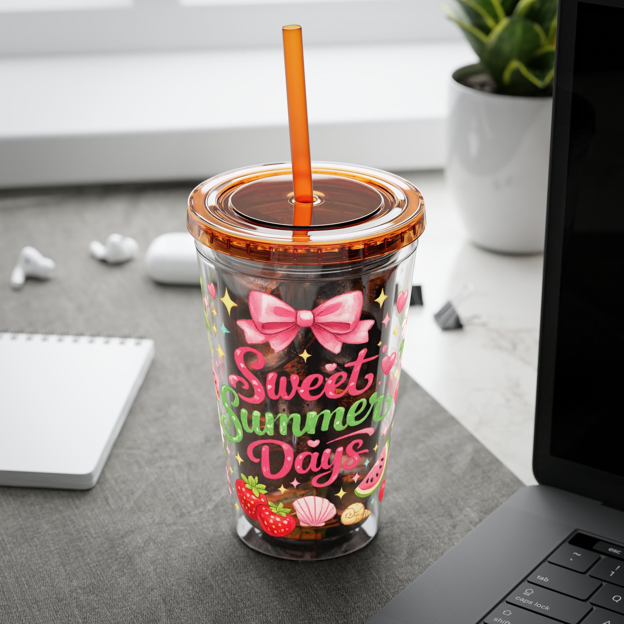 Sweet Summer Days Tumbler — 16oz Clear Straw Cup with Tropical Fruits & Bow Design