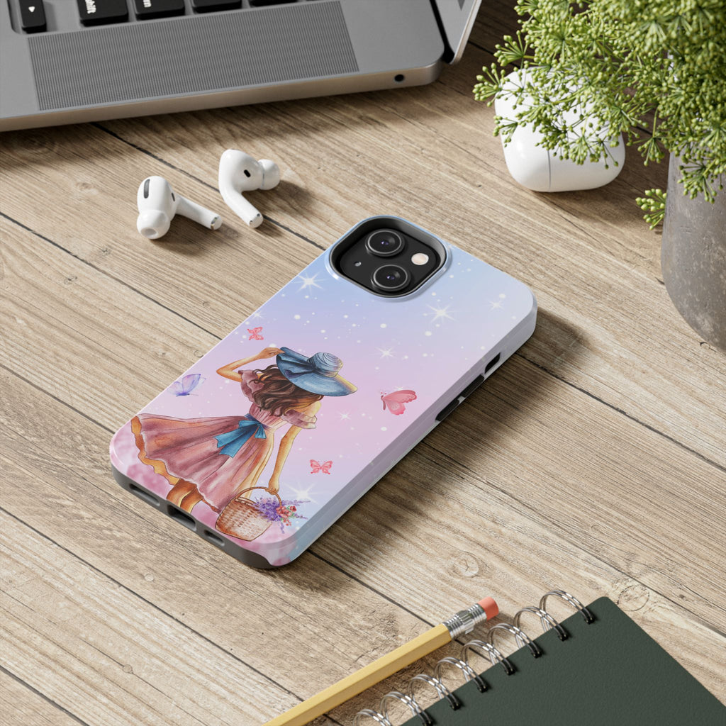 Pastel Girl with Hat Phone Case — Floral Basket Butterfly Tough Phone Case