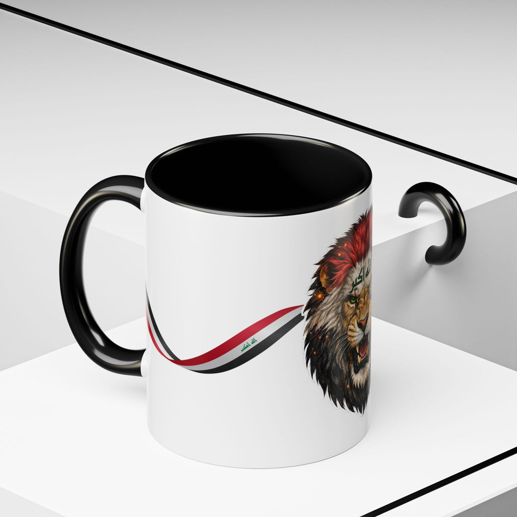 Iraq Lion Head Accent Coffee Mug with Arabic Script and Flag Ribbon – Patriotic Iraq Gift (11/15oz)
