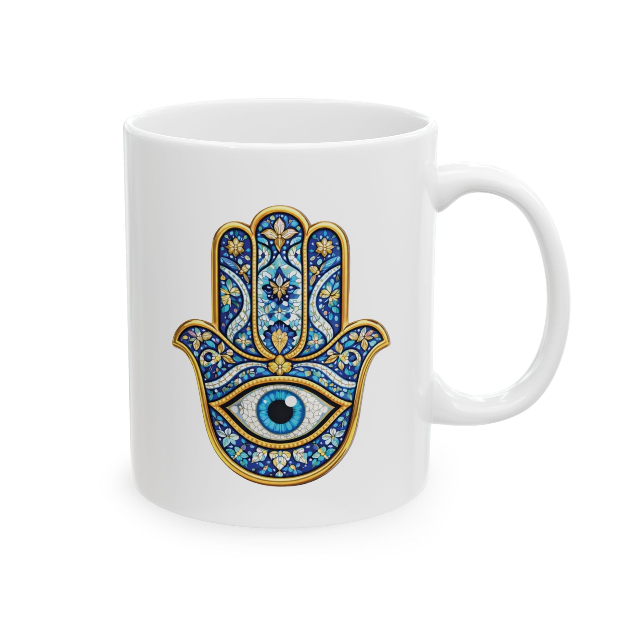 Hamsa Art Ceramic Mug — Blue Gold Protective Hand Design (11oz, 15oz)