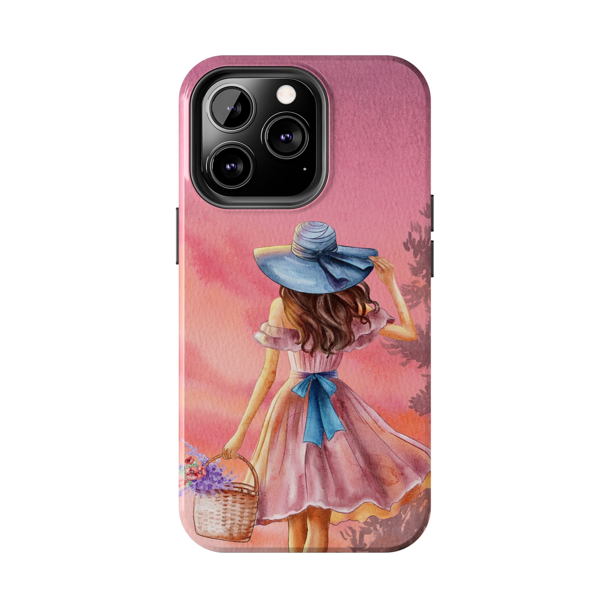 Pastel Picnic Girl Phone Case — Protective Tough Phone Case with Watercolor Sunset Design