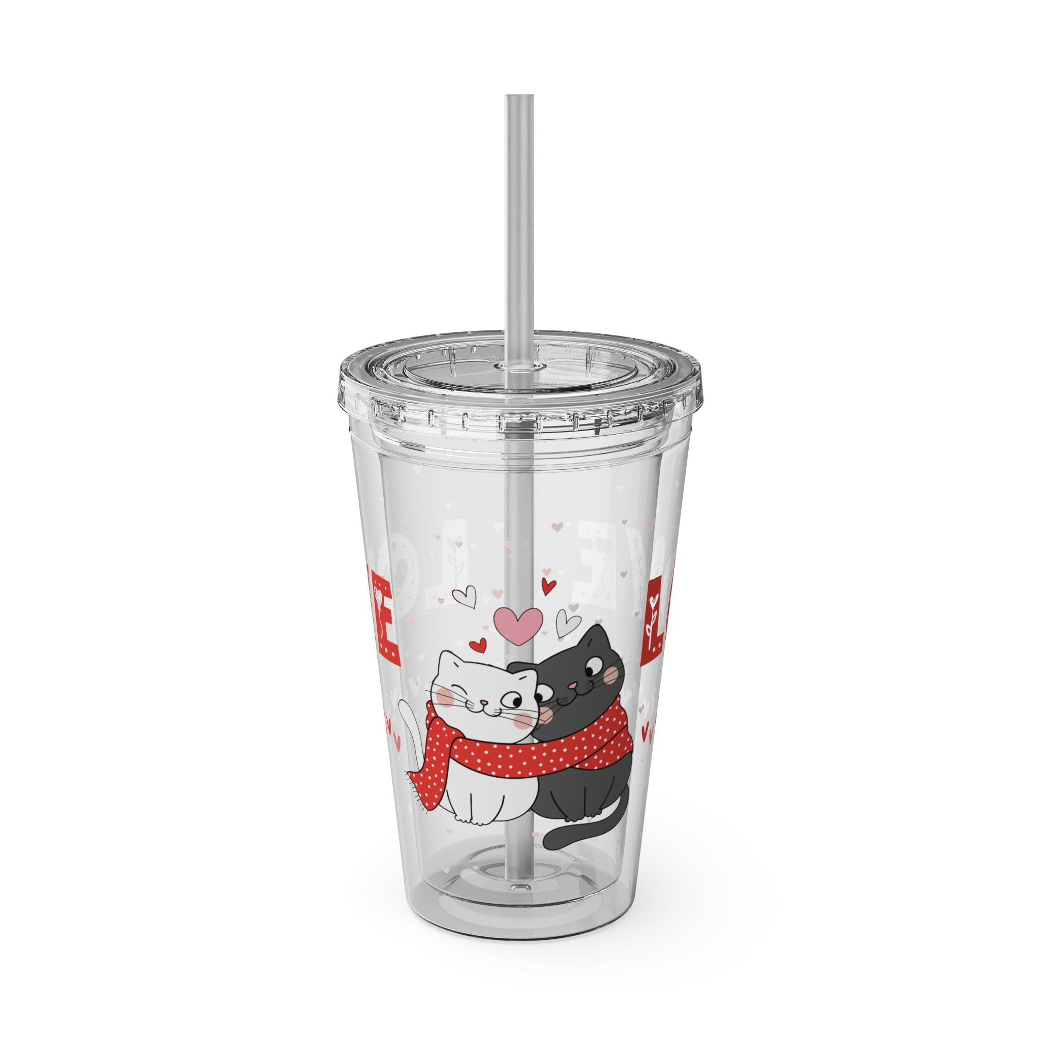 Love Cats Tumbler with Straw — 16oz Cute Couple Cats Valentine Travel Cup