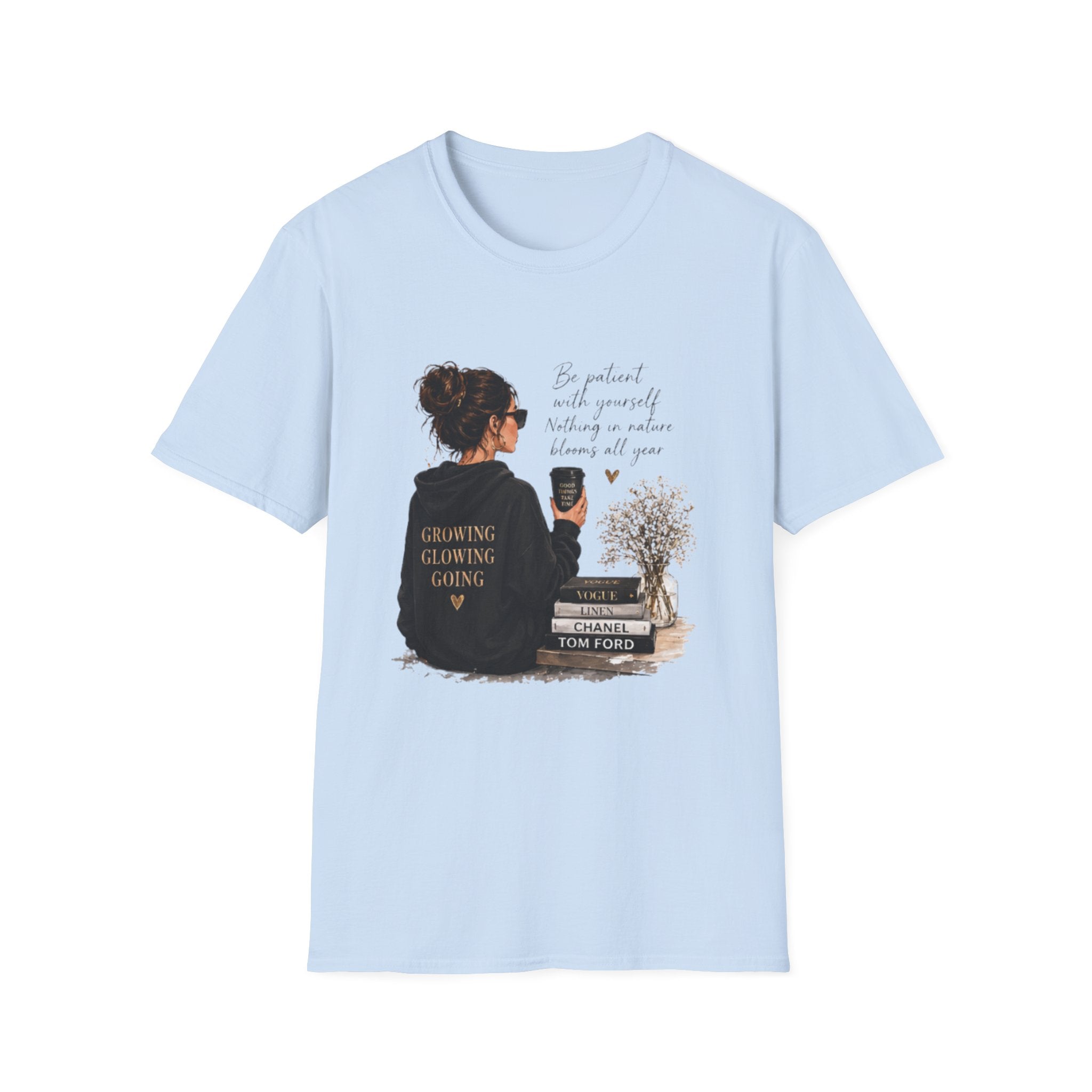 Cozy Reading Girl T-Shirt — "Growing, Glowing, Going" Literary Graphic Tee