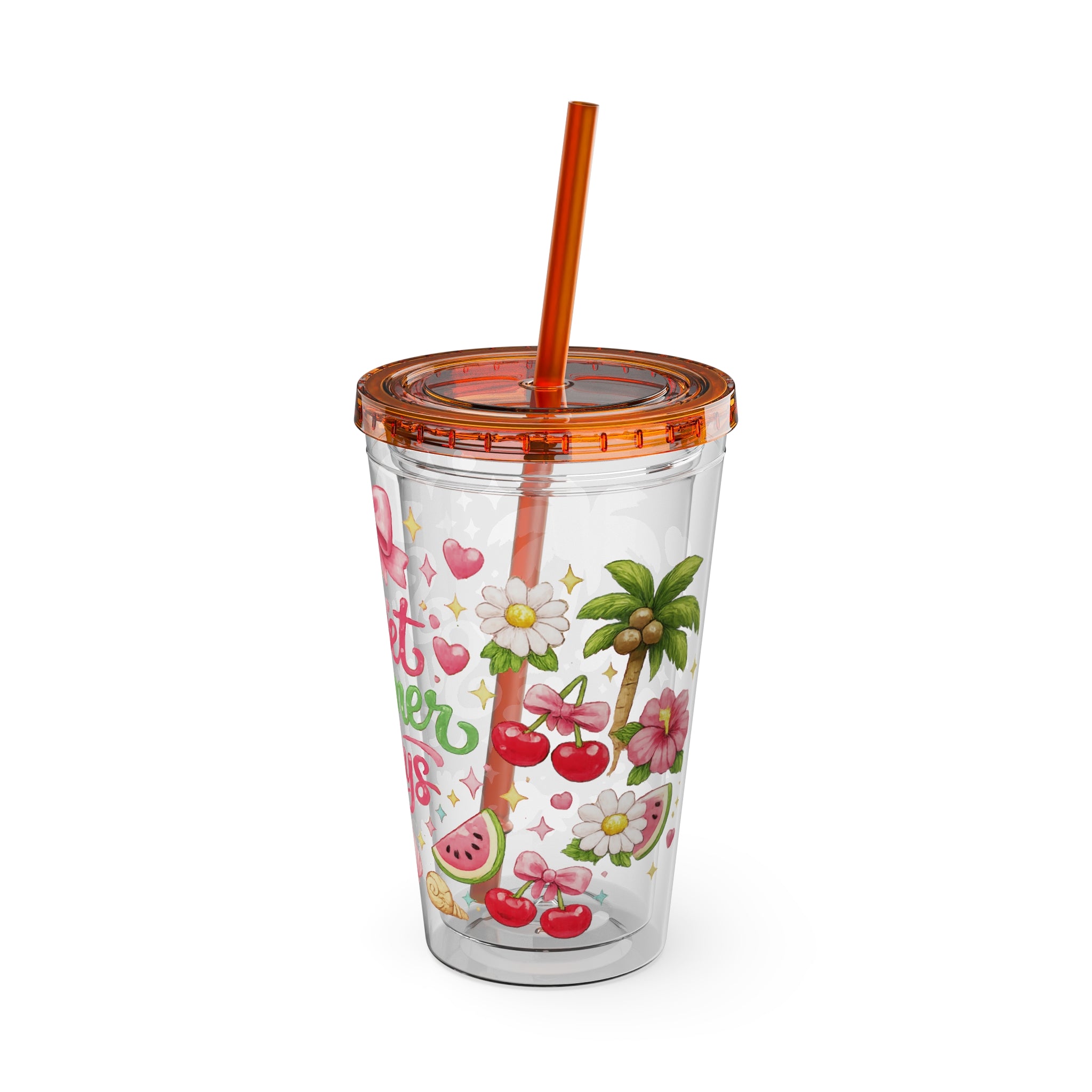 Sweet Summer Days Tumbler — 16oz Clear Straw Cup with Tropical Fruits & Bow Design